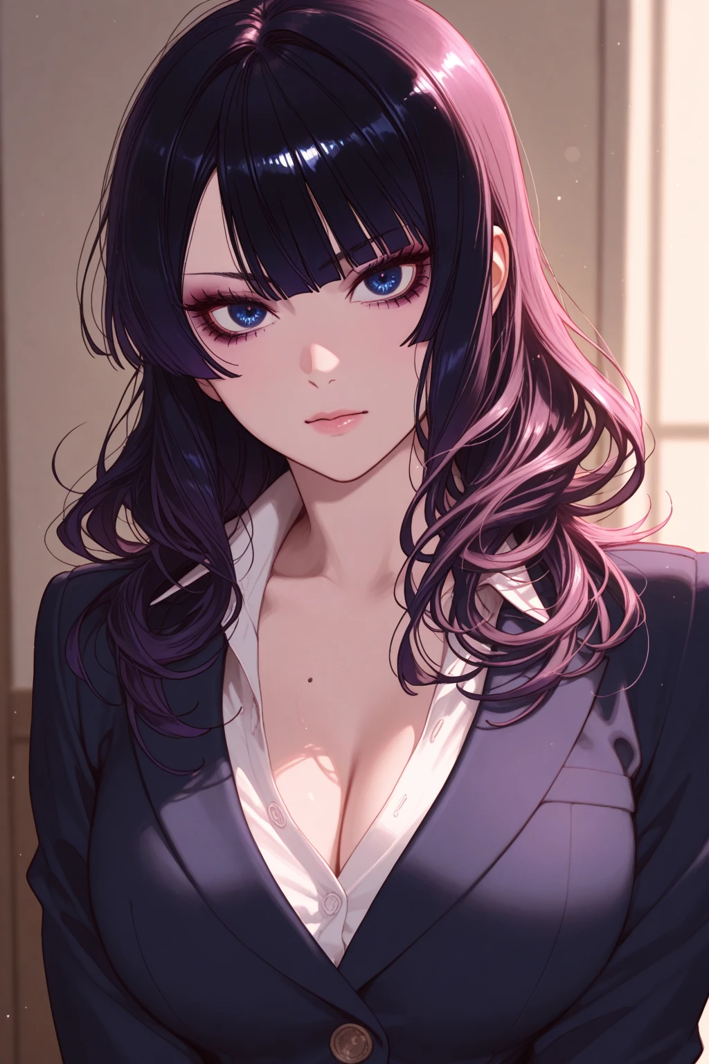 <lora:kim-10:1>Kim Mi-Jung, glasses,1girl, breasts, jewelry, bracelet, solo, earrings, hoop earrings, cleavage, large breasts, looking at viewer, purple hair, makeup, purple eyes, lipstick, shirt, white background, head rest, simple background, lips, collared shirt