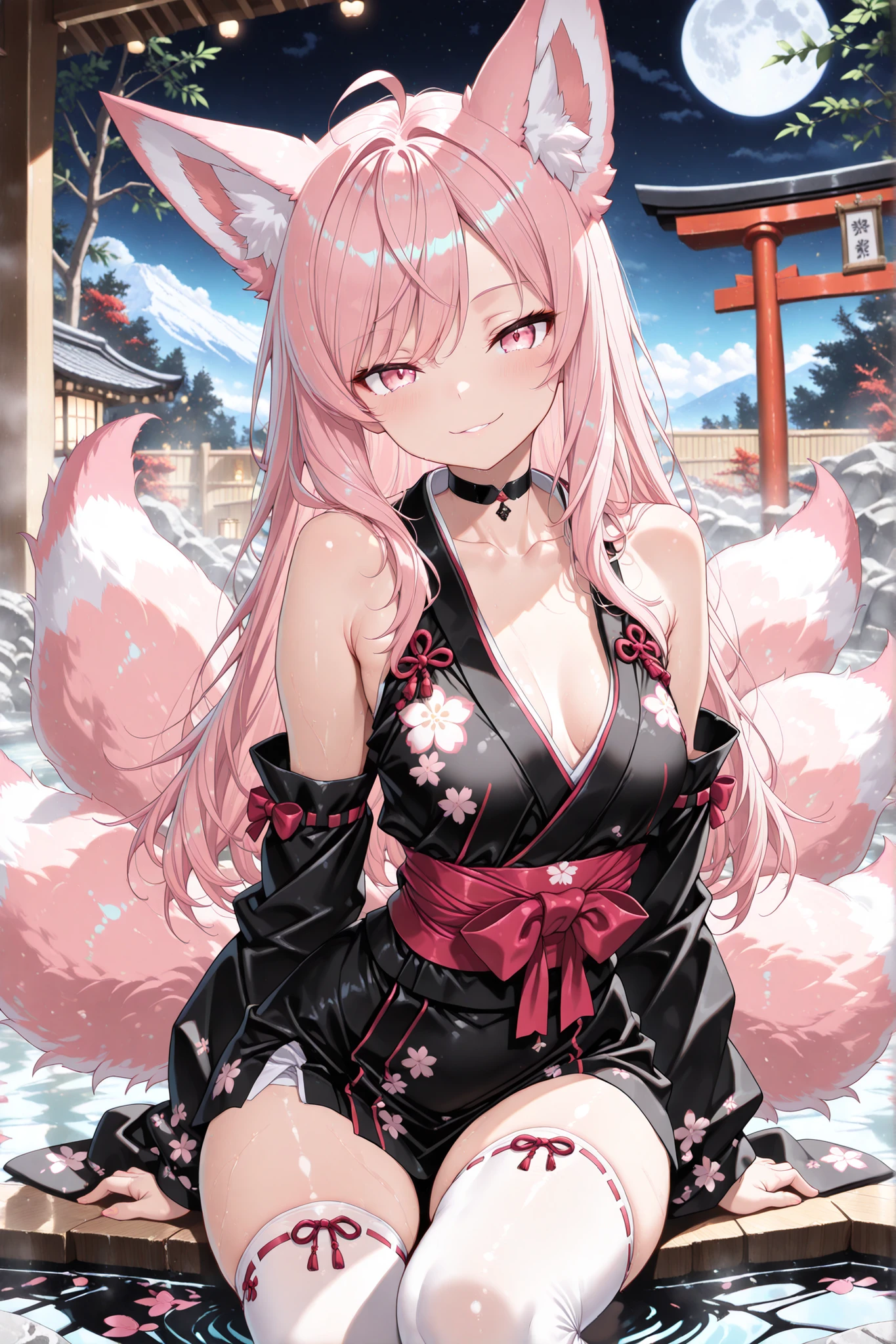 1girl, solo, animal ears, fox ears, pink fox tail, kitsune, multiple tails, pink hair, long hair, swept bangs, ahoge, pink eyes, (seductive smile:1.1), (parted lips:0.8), medium breast, black choker, black kimono, detached sleeves, black sleeves, short kimono, print kimono, floral print, white thighhighs, sitting on torii, full moon, fantasy, sharp focus, looking at viewer, close-up, dynamic pose, sharp focus, looking at viewer, close-up, onsen, water, hot spring, full moon,
(perfect body), (nice hands), (perfect hands), perfect face, perfect eyes, skin indentations, shiny skin, high contrast, (masterpiece:1.2), (best quality:1.2), (very aesthetic:1.2), (absurdres:1.2), (detailed background), newest, (beautiful detailed eyes:1.2), beautiful, amazing, detailed eyes, ai-generated, (intricate details:1.2), ((4k,8k,Ultra HD)),((Masterpiece :1.2)),((Best quality :1.2)),((Detailed :1.5)),((Detailed background :1.5)),
