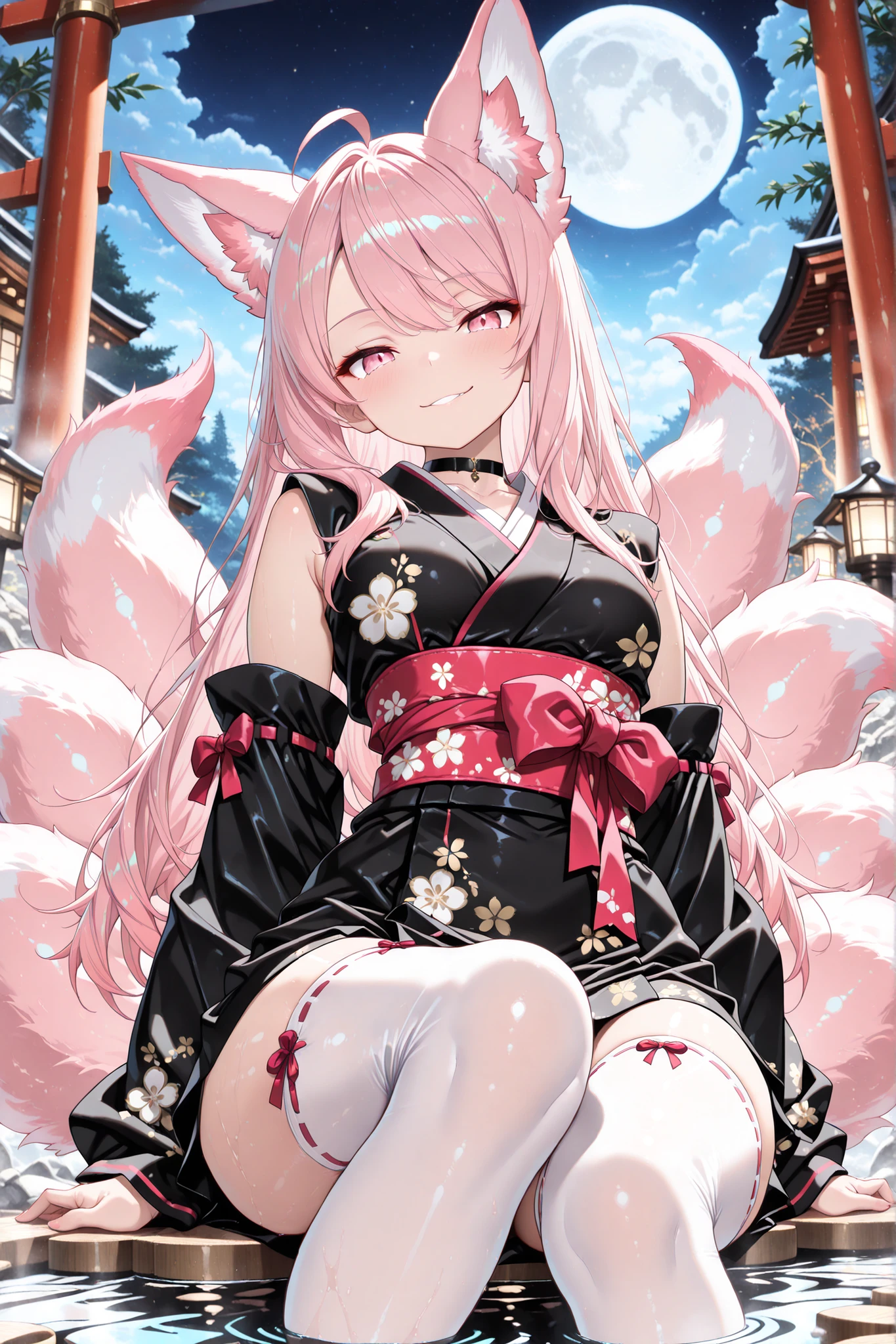 1girl, solo, animal ears, fox ears, pink fox tail, kitsune, multiple tails, pink hair, long hair, swept bangs, ahoge, pink eyes, (seductive smile:1.1), (parted lips:0.8), medium breast, black choker, black kimono, detached sleeves, black sleeves, short kimono, print kimono, floral print, white thighhighs, sitting on torii, full moon, fantasy, sharp focus, looking at viewer, close-up, dynamic pose, sharp focus, looking at viewer, close-up, onsen, water, hot spring, full moon,
(perfect body), (nice hands), (perfect hands), perfect face, perfect eyes, skin indentations, shiny skin, high contrast, (masterpiece:1.2), (best quality:1.2), (very aesthetic:1.2), (absurdres:1.2), (detailed background), newest, (beautiful detailed eyes:1.2), beautiful, amazing, detailed eyes, ai-generated, (intricate details:1.2), ((4k,8k,Ultra HD)),((Masterpiece :1.2)),((Best quality :1.2)),((Detailed :1.5)),((Detailed background :1.5)),