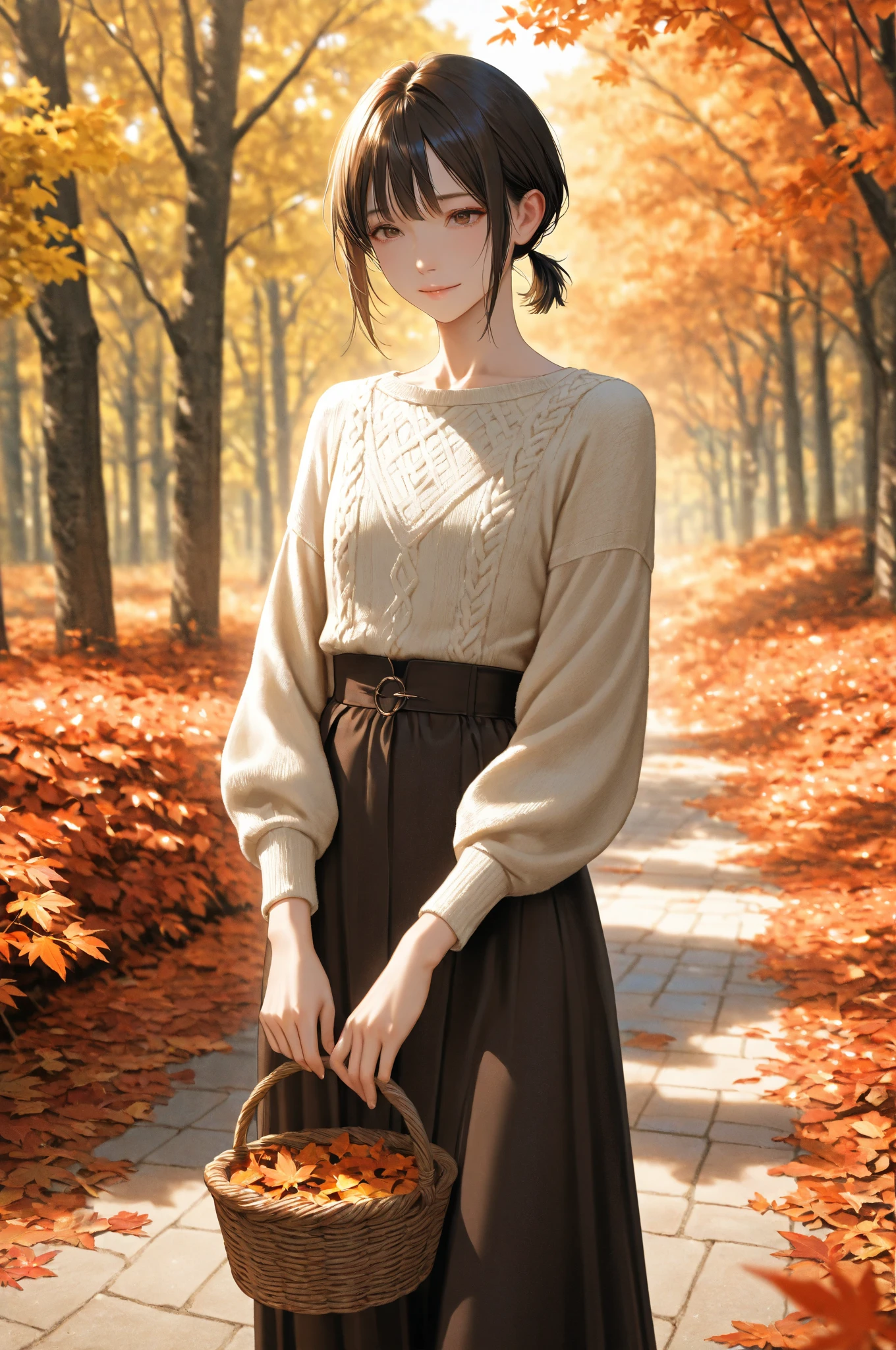 Lying on fallen leaves, Onigiri basket、Wear black knee-high socks over a leisure sheet、3rd degree W6 Bob Hair. She spreads her right hand forward. , In the pose of Wali. The background is vast, Admire breathtaking foliage views. She is a teenager, Extremely cute, Close one eye and smile. She has golden hair, Blushing cheeks, ・Forward bending posture. The ground is covered with fallen leaves. She winks with a twinkle in her eye, There is a flashing effect. She looks up with her gaze. 
In terms of image quality, It must have the best quality, Requires 4K or 8K resolution, And become a masterpiece. Images need ultra-detailed elements, Be realistic or photorealistic, Has HDR, nffsw, Studio Lighting. Images must be ultra-fine, Sharp focus and physically based rendering. The colors are vivid、The overall tone should be based on the autumn season. Lighting should create a warm and cozy atmosphere.Open the basket with the sandwich、early evening、Brown hair