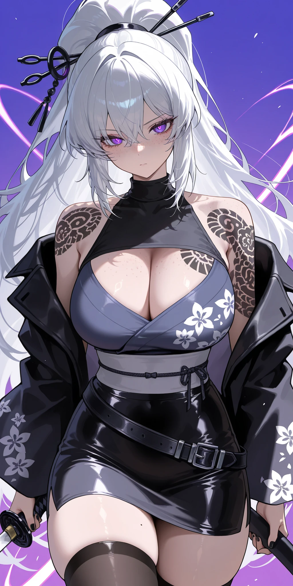 Ishmael, Silver hair, sidelocks, black hairband, hair stick, purple eyes, face freckles, chest freckles, black shoulder tattoos, flower pattern kimono, wide sleeves, black sash,,Masterpiece, mature woman, Kurokumo Ishmael (Limbus Company), tall body, slim, upper body, ultra detailed, highres, absurdres, free long hair, non chalant face, serious face, purple background, detailed face, no cape, pale face, black nails, tight clad mini pencil skirt, close up on upper body, high waistband, cleavage, sleeveless blue t-shirt, bare shoulders, showing face, body 3:4, vinyl skirt, shiny skirt, showing face, blue sunny sky background, brown spiky hair, solo, 1 girl, hair between eyes, bare shoulders, from head to thighs, simple background, detailed face, toned legs, big breasts, curvy body, looking at viewer, solo, 1 girl, high ponytail, silver straight hair, purple eyes, catlike pupils, vertical pupils, vinyl stockings, open bomber black leather jacket, kurokumo Ishmael, kurokumo ishmael tattoo, kurokumo tattoo on shoulders, kurokumo tattoo on shoulder and upperarms and collarbone, teal katana, kurokumo ishmael, tattoos of both sides, double tattoos, tattoo covering all shoulders, turtleneck, massive tattoos, big black tattoo on both shoulders, detailed face, detailed features, silver hair, close up on face, from head to thighs, thick belt, drawing katana from waist, slashing
