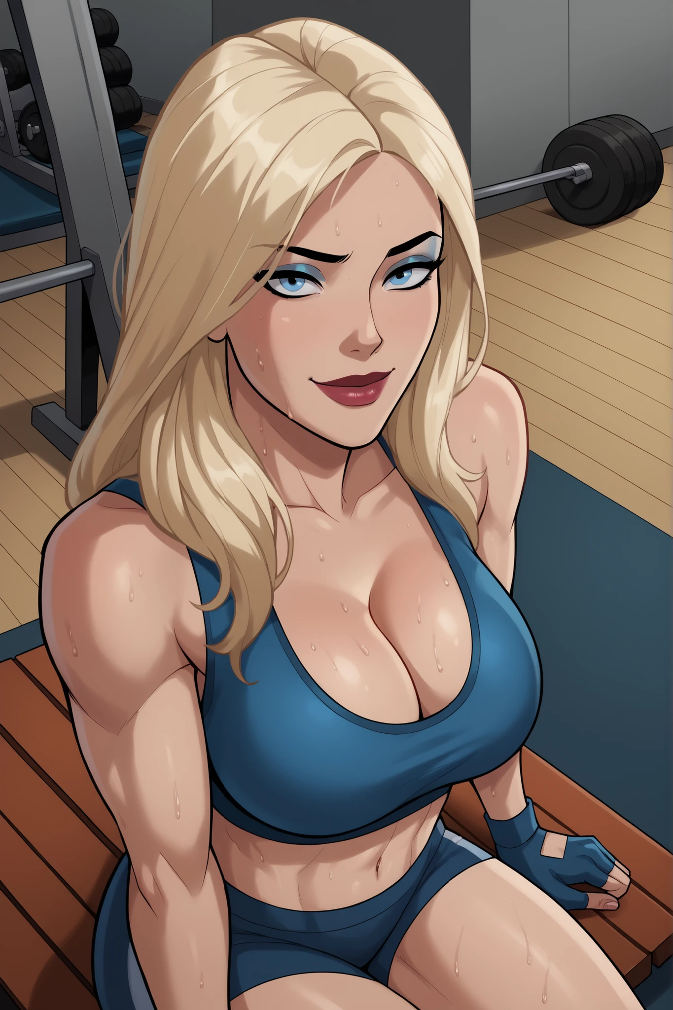 BREAK, safe_pos, score_6_up, score_7_up, score_8_up, score_9, 1girl, solo, blonde hair, long hair, blue eyes, large breasts, smile, closed mouth, makeup, lipstick, looking at viewer, cleavage, curvy, athletic, seductive expression, seducing viewer, teasing viewer, bedroom eyes, indoors, gym, busty, blue sports bra, red gym shorts, blue fingerless gloves, sitting on bench, high-angle view, blue eyeshadow, closeup, portrait, upper body, muscular, sweaty, sweat drops