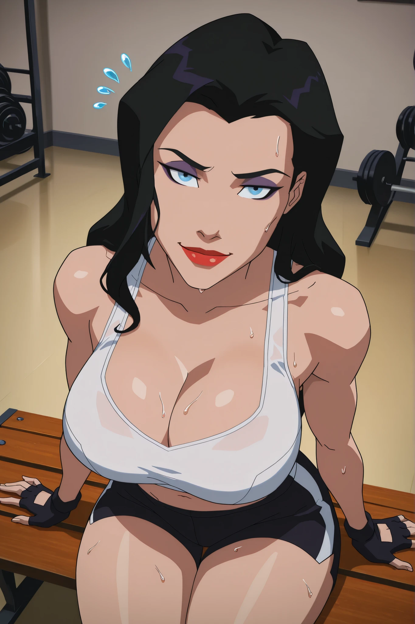BREAK, score_6_up, score_7_up, score_8_up, score_9, zatannaYoungJustice, 1girl, solo, black hair, lipstick, blue eyes, makeup, red lips, long hair, large breasts, busty, cleavage, curvy, athletic, looking at viewer, seducing viewer, teasing viewer, seductive expression, smiling, closed mouth, bedroom eyes, white sports bra, black gym shorts, white fingerless gloves, indoors, gym, sitting on bench, closeup, portrait, upper body, high-angle view, dark purple eyeshadow, sweaty, sweat drops