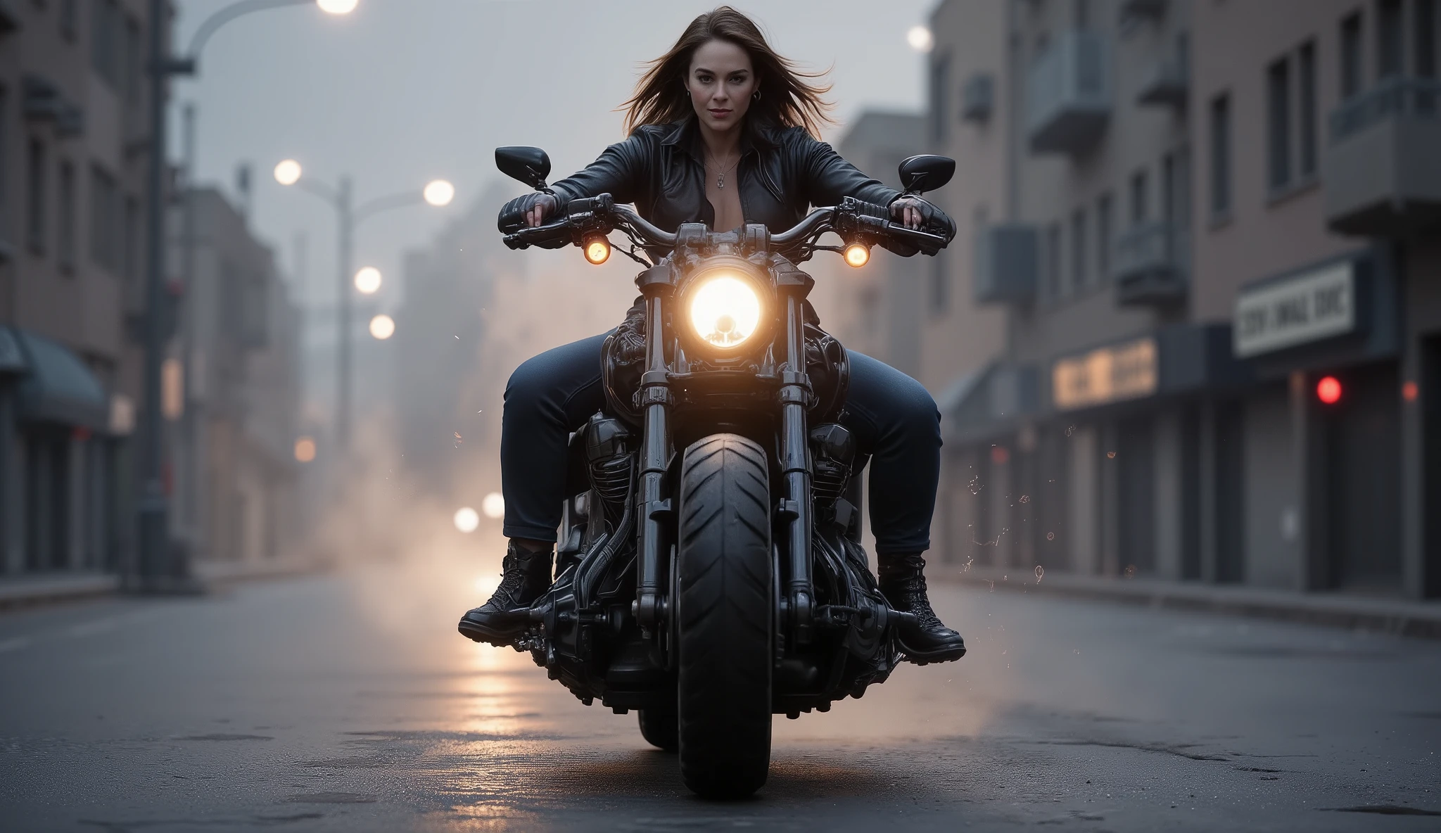 A highly realistic cinematic shot of a woman riding a Harley-Davidson V-Rod Muscle custom motorcycle through an empty city street at dawn. The camera is positioned in a low frontal angle close to the headlight, capturing the power and intensity of the scene. The woman wears a black leather jacket and dark jeans, her hair flowing in the wind, her expression focused and determined. The warm glow of the headlight contrasts with the cool, misty city background, where soft bokeh lights fade into the distance. The wet asphalt reflects the lights subtly, adding realism and depth. The overall atmosphere is dynamic, gritty, and photorealistic — captured with a 35mm lens, shallow depth of field, cinematic lighting, motion blur on the background, 8K ultra-realism.