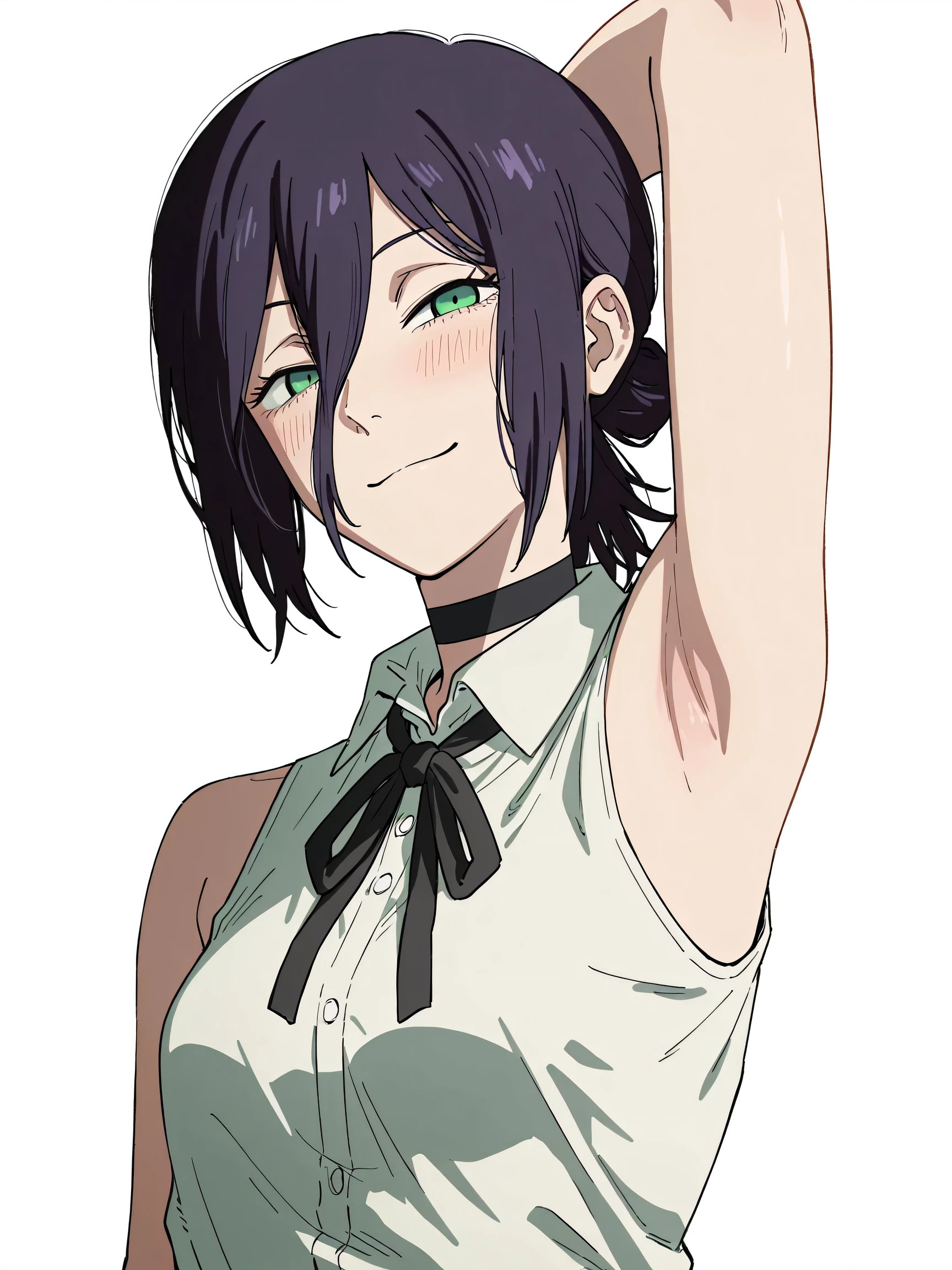 masterpiece, best quality, amazing quality, anime screencap, anime coloring, 1girl, solo, rezeanime, anime, chainsaw man, reze \(chainsaw man\), green eyes, medium hair, hair between eyes, single hair bun, choker, collared shirt, sleeveless shirt, neck ribbon, sleeveless shirt, bare shoulders, arm behind head, armpit, head towards viewer, looking at viewer, smile, half-closed eyes, blush, closed mouth, white background, simple background