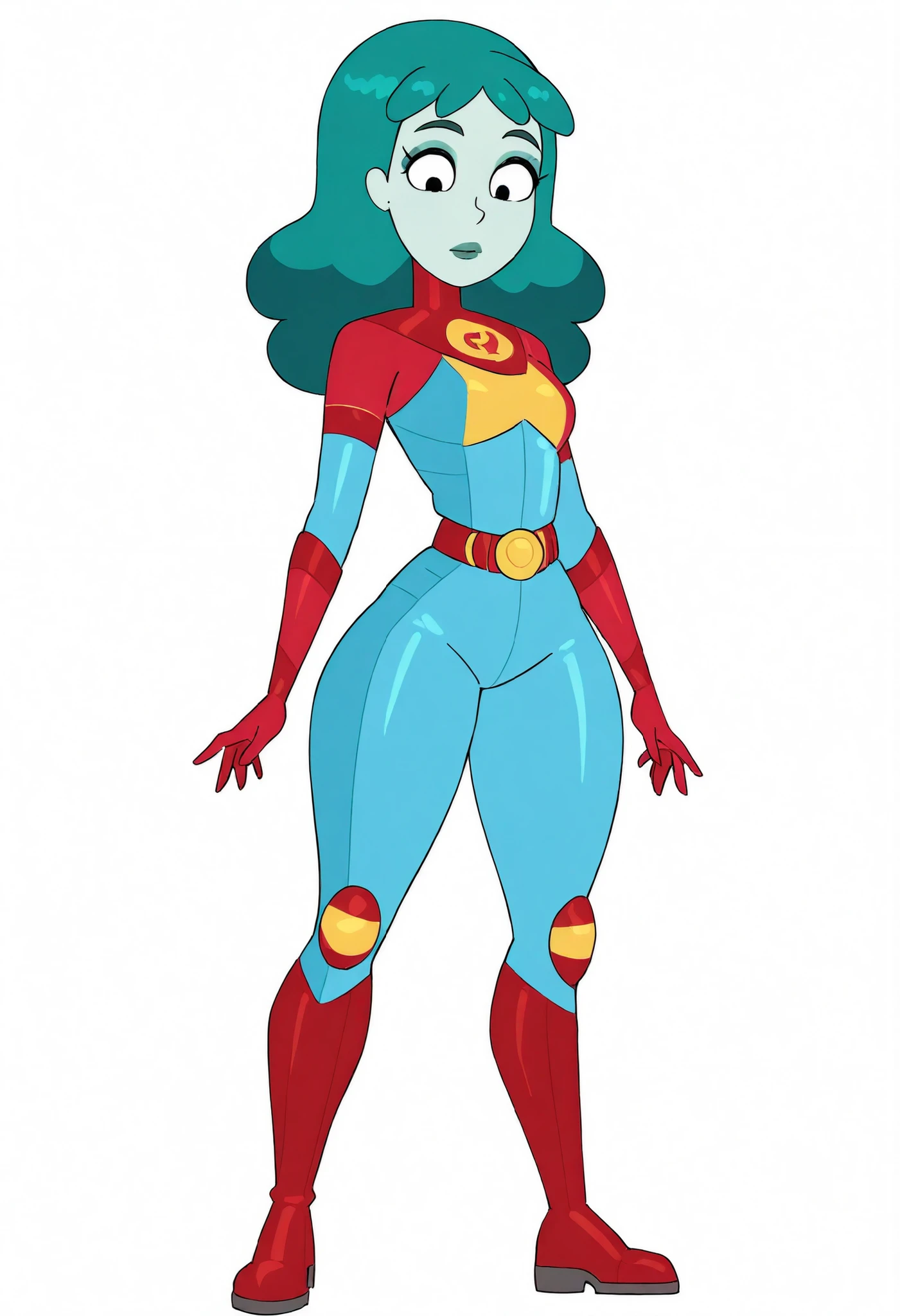 planetina, masterpiece, best quality, newest, absurdres, highres, 1girl, solo, colored skin, green hair, red gloves, blue skin, long hair, belt, red footwear, green lips, red footwear, superhero outfit, , slimthick, black eyes, makeup, boots,