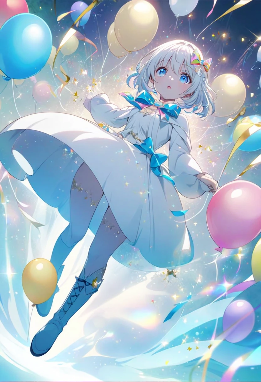 perfect hands,precise fingers,London cityscape,lots of colorful balloons,festive balloons,Banzai Pose,perfect hands,precise fingers,girl with hands spread upwards ,A big smile,delicate makeup,Diamond Accessories,Hair flowing in the wind,white dress,Sparkling