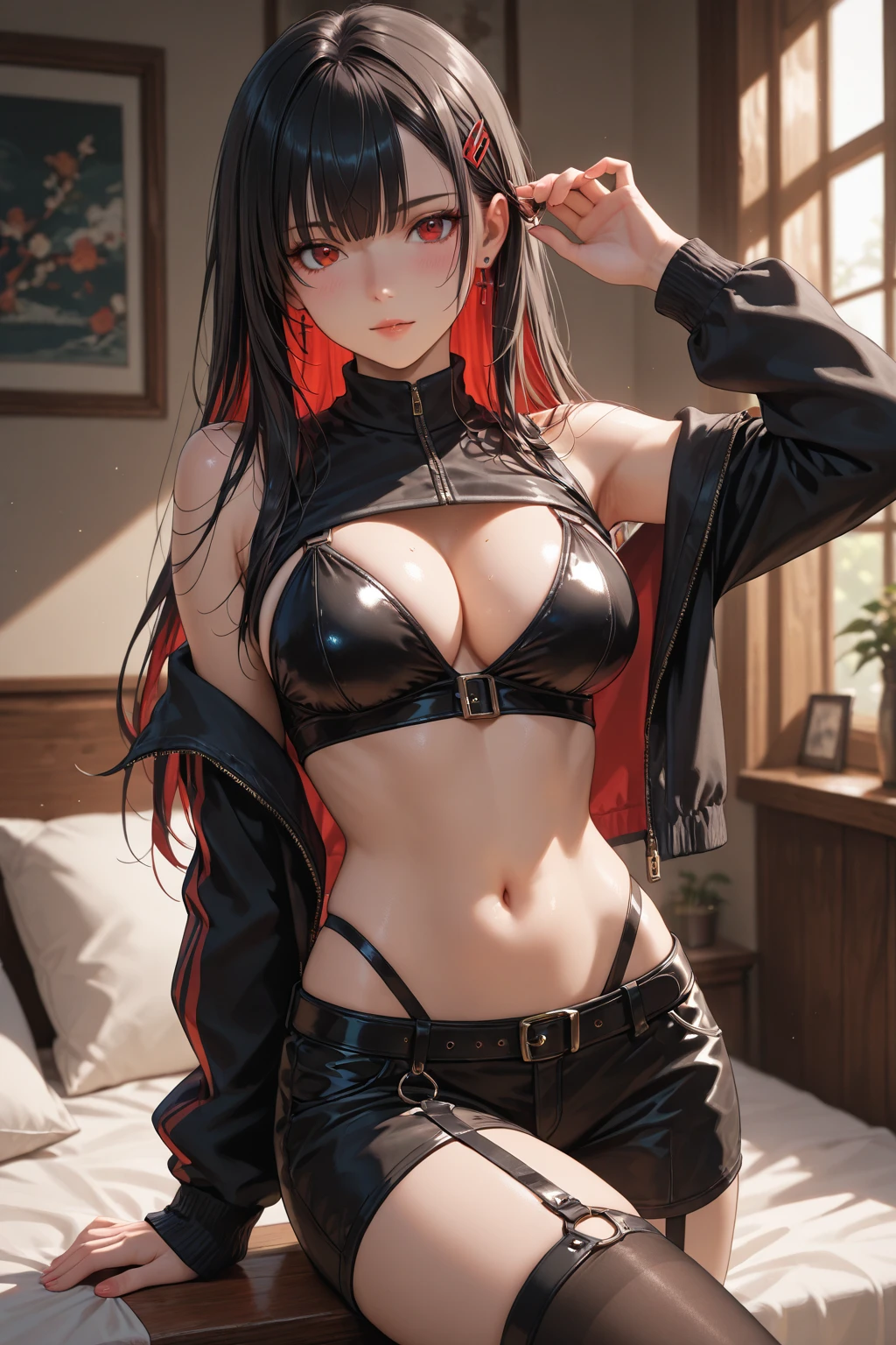 estilo aot, shingeki no kyojin, mikasa ackerman, 1girl, arm strap, franja, cabelo preto, black pant, ?????, tiro de cowboy, brasas, olhos verdes, fundo cinza, cabelo entre os olhos, harness, mangas compridas, olhando para o espectador, ??????????????, Slacks, cachecol vermelho, cachecol, camisa, cabelo curto, smoke billowing, solo, thigh strap, jaqueta marrom, camisa branca, corpo de pesquisa \(emblema\), ((obra-prima)), melhor qualidade, dentro de casa, pousada, peitos grandes, ??????, ????, saia curta,