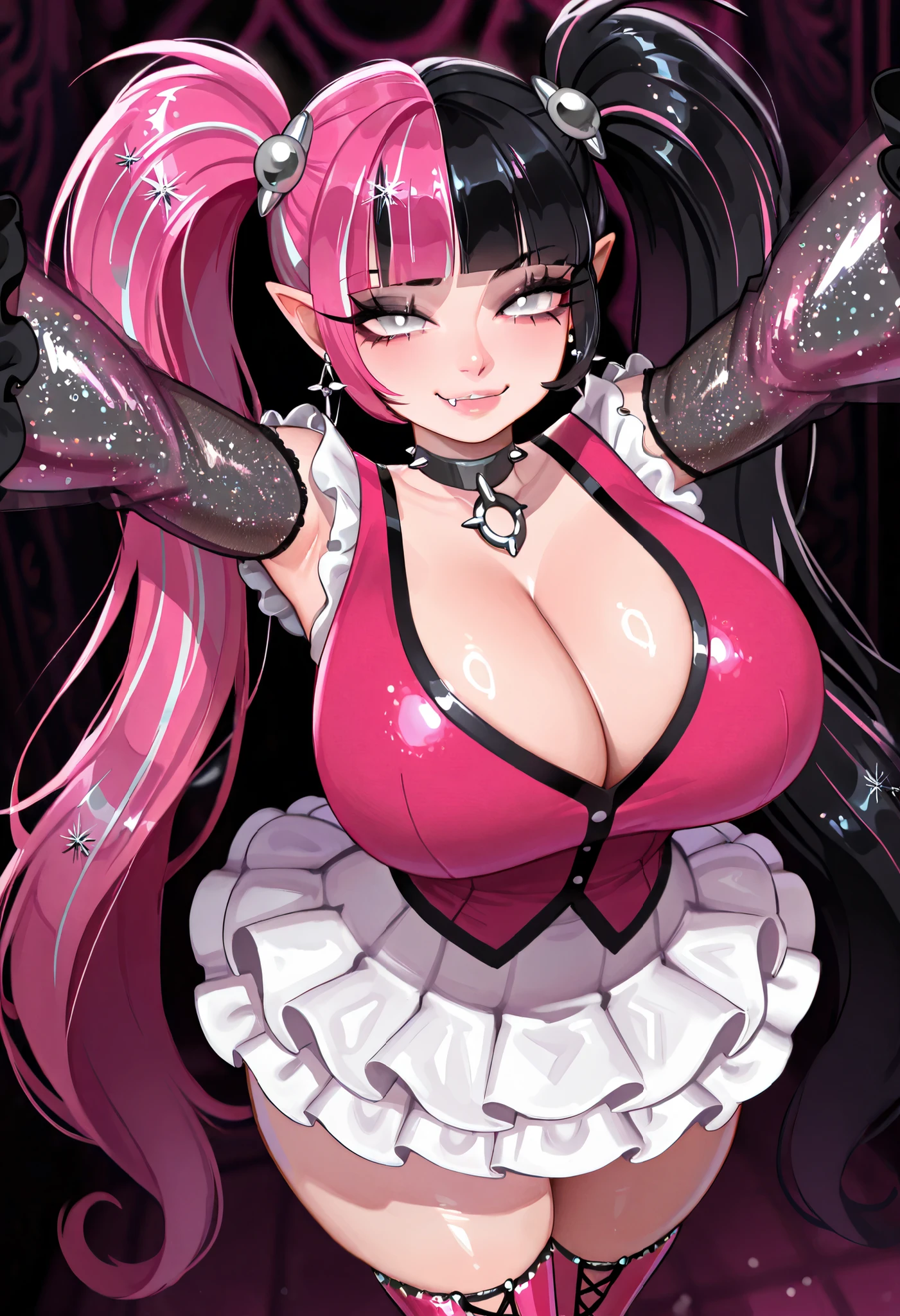 1girl , solo , long eyelashes , cell shade , aegyo sal , solo , ((beautiful white eyes)) , , (black lashes), highest quality , High resolution, eyeliner, pretty lips, spikey eyelashes, cute pose, cleavage, thigh highs, massive boobs, (((pink and black split color black glittery hair))), split-color hair, bangs, thicker, hourglass figure, wide hips, masterpiece , best quality , amazing quality , very aesthetic , absurdres , black eyeshadow, massive tits, armpit, tease, , fat ass, spooky background, smug, twin tails, white eyes, fang, reaching for viewer, zzDraculaura, solo, twintails, multiclored hair, pink hair, pointy ears, earrings, fishnet sleeves, frilled sleeves, long sleeves, blunt bangs, monster high, pink vest, white skirt, pink knee boots,