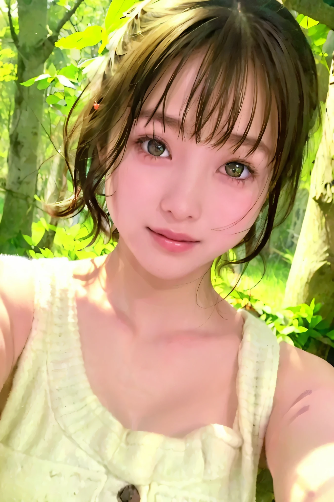 ((Detailed and realistic faces)), (7 years old:1.1), 1 person, girl, (Baby Face:1.2), (Very thin body:1.3), (Small breasts), in the forest, (), Bob Hair, (Black Hair), (No makeup), (((Expressions of ))), ((View from above))