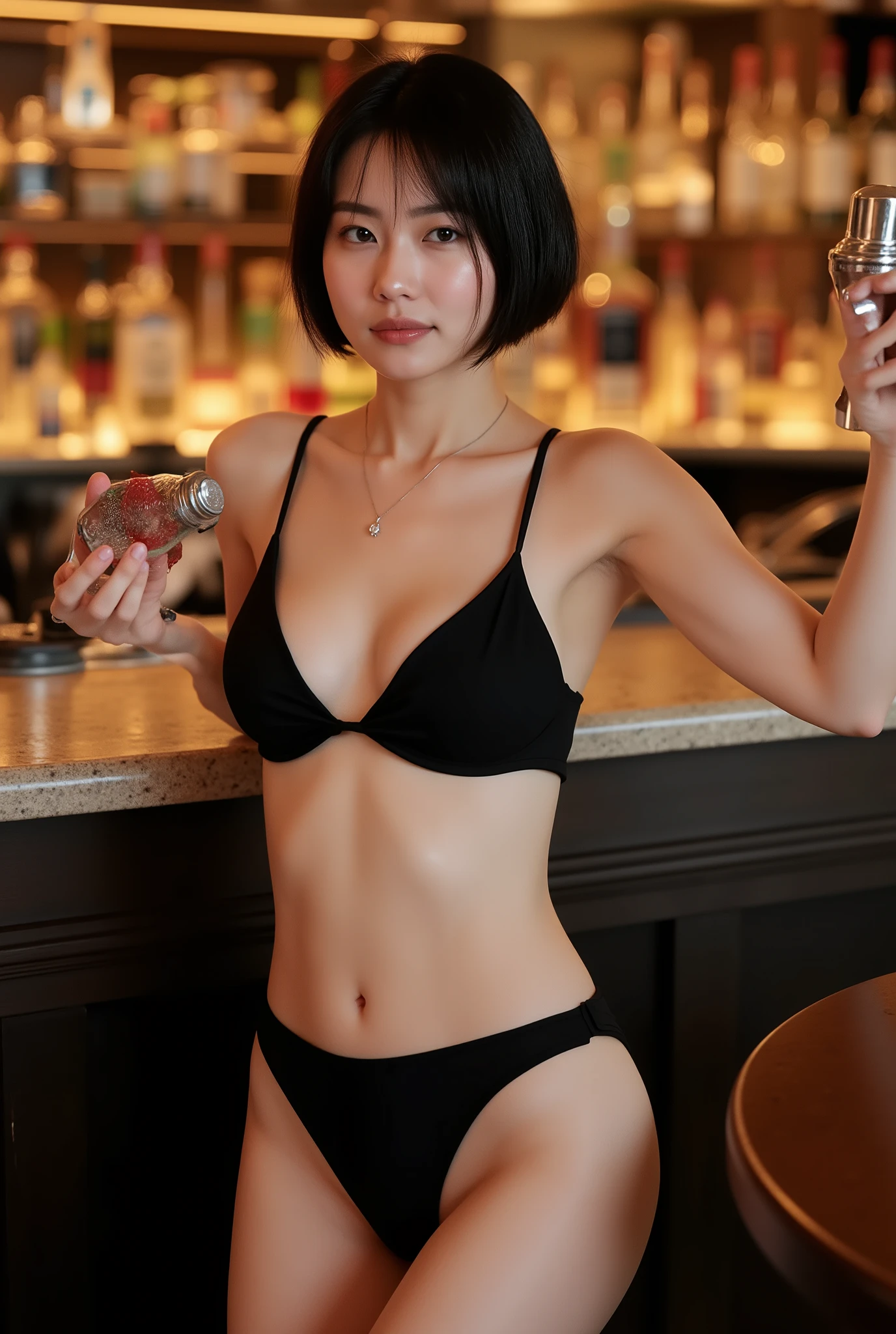 making cocktails at a stylish bar counter、a beautiful female bartender with short black hair. confident and attractive smile. black micro bikini、Sulky, indirect lighting illuminates her smooth skin and cocktail shaker. The background is a gorgeous bar interior. Super Quality, Photorealistic, Cinematic Stills, dramatic lighting, ultra detail, masterpiece, 8k, anatomically correct hands、(big :1.5)