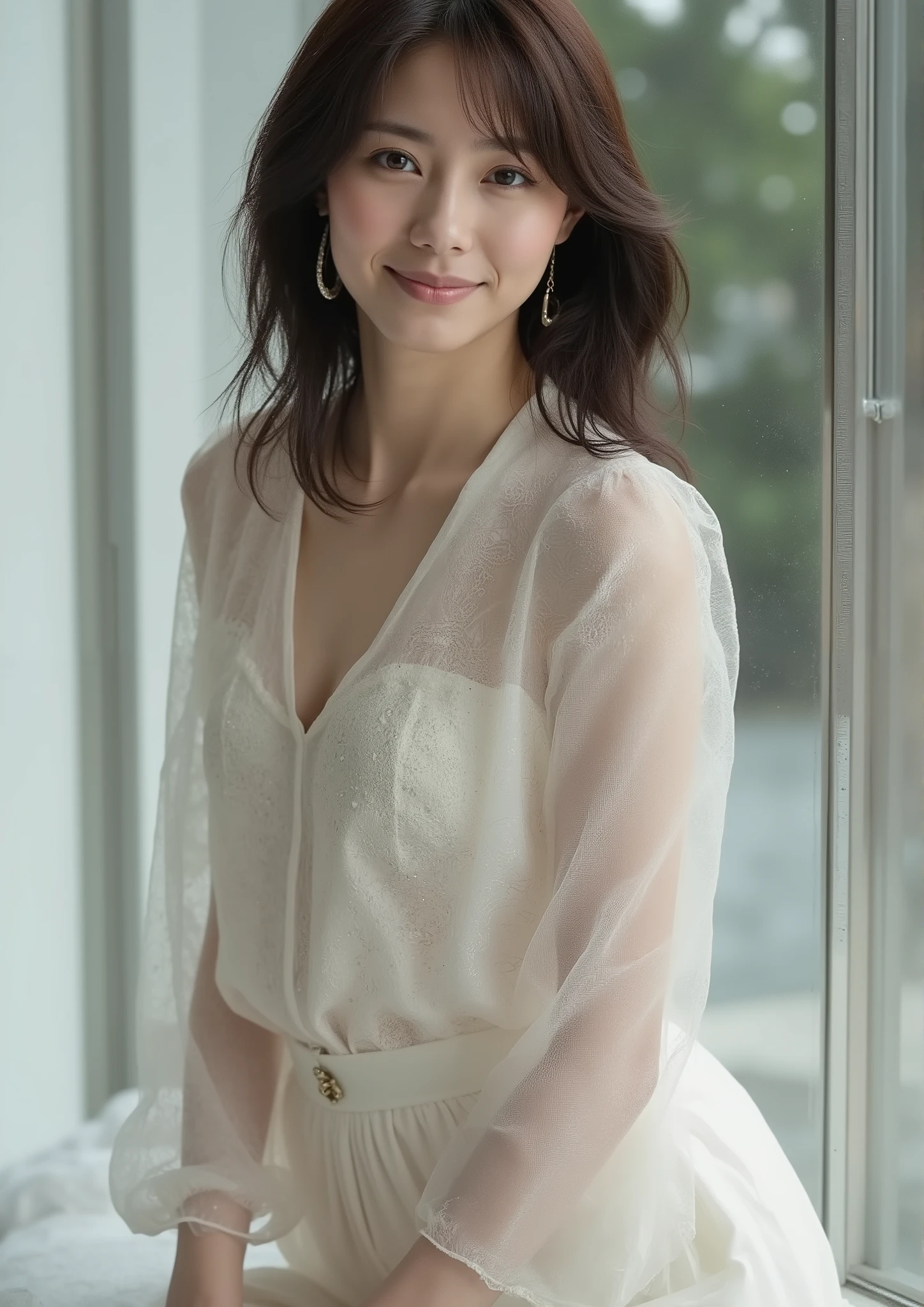 (((1girl,solo))),(Very realistic photo, high resolution, beautiful faces, Full Body,glamorous body) 、Ghost in the Shell Seems Important、Motoko Kusamoto ,Age 32、Photo book shoot、transparency、Powerful pose、Smile