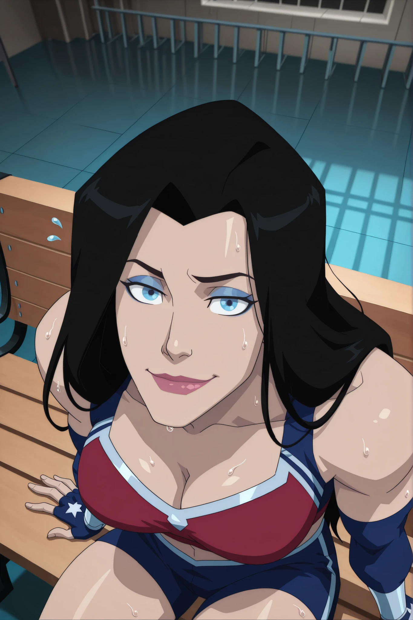 BREAK, score_6_up, score_7_up, score_8_up, score_9, 1girl, solo, long hair, blue eyes, black hair, bare shoulders, blue eyes, muscular female, midriff, bare shoulders, lipstick, makeup, wwBl00d, large breasts, busty, cleavage, curvy, athletic, looking at viewer, seducing viewer, teasing viewer, seductive expression, smiling, closed mouth, bedroom eyes, red sports bra, blue gym shorts, blue fingerless gloves, indoors, gym, sitting on bench, closeup, portrait, upper body, high-angle view, blue eyeshadow, sweaty, sweat drops