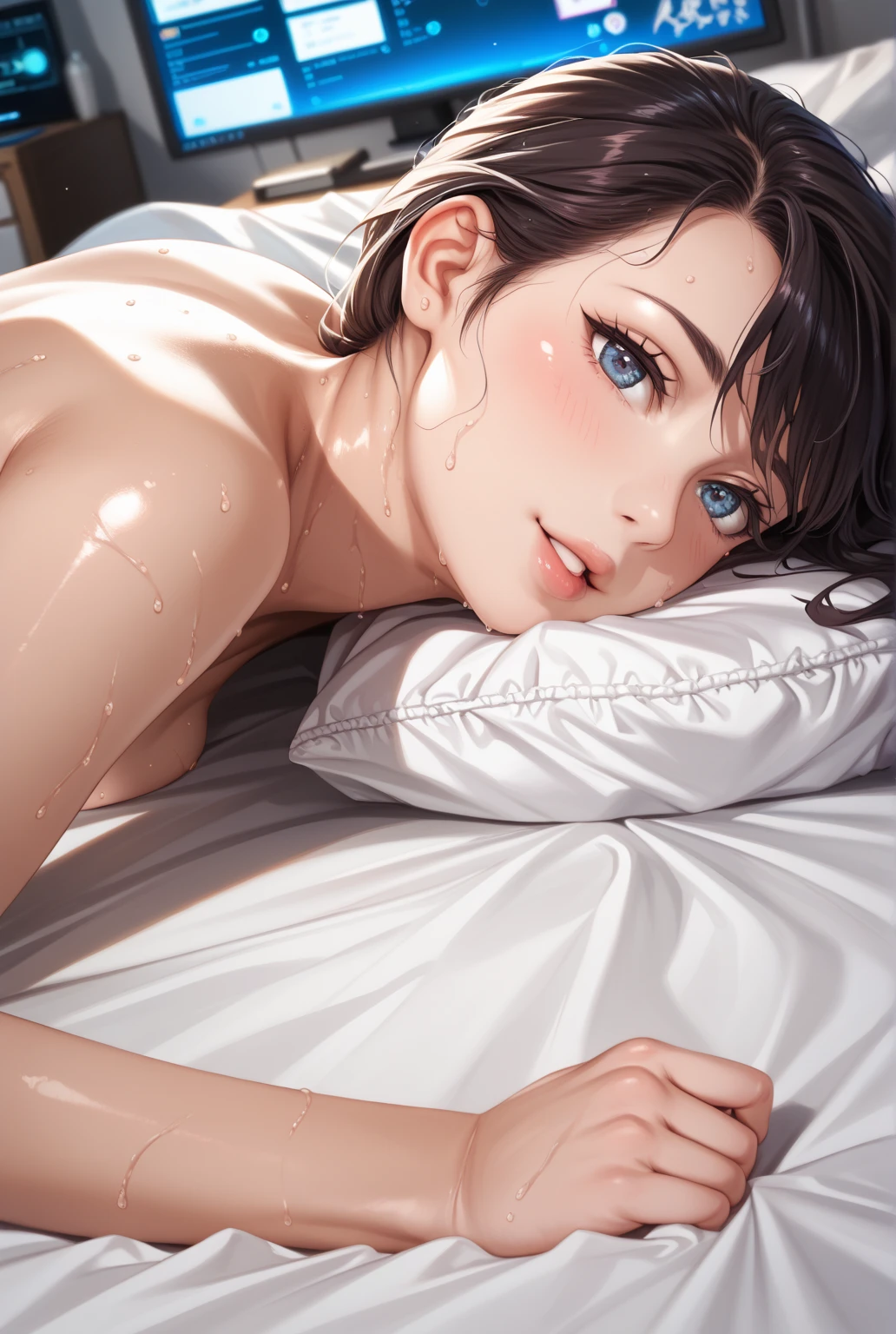 (best quality,4k,8k,highres,masterpiece:1.2),ultra-detailed,(realistic,photorealistic,photo-realistic:1.37),beautiful detailed eyes,beautiful detailed lips,extremely detailed short hair,extremely detailed eyes and face,longeyelashes,1woman,big breasted,small waist,big buttocks,big long legs,lying on a bed,butt looking up,Head lying in bed,eyes looking straight into the camera,portraits,soft lighting