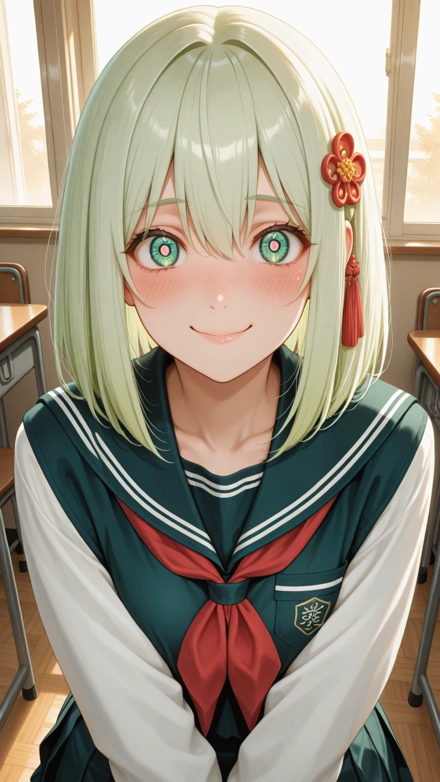 (masterpiece,Highest quality,Ultra-high resolution),(Perfect Face, Perfect body、Perfect hands、Clean five fingers),1girl,(Kilo, green eyes, green hair, long hair, hairband, black hair ribbon, pantyhose),(JK,Sailor suit),(very young),(Blushing, embarrassed),(In town,Hikage),shirtspread