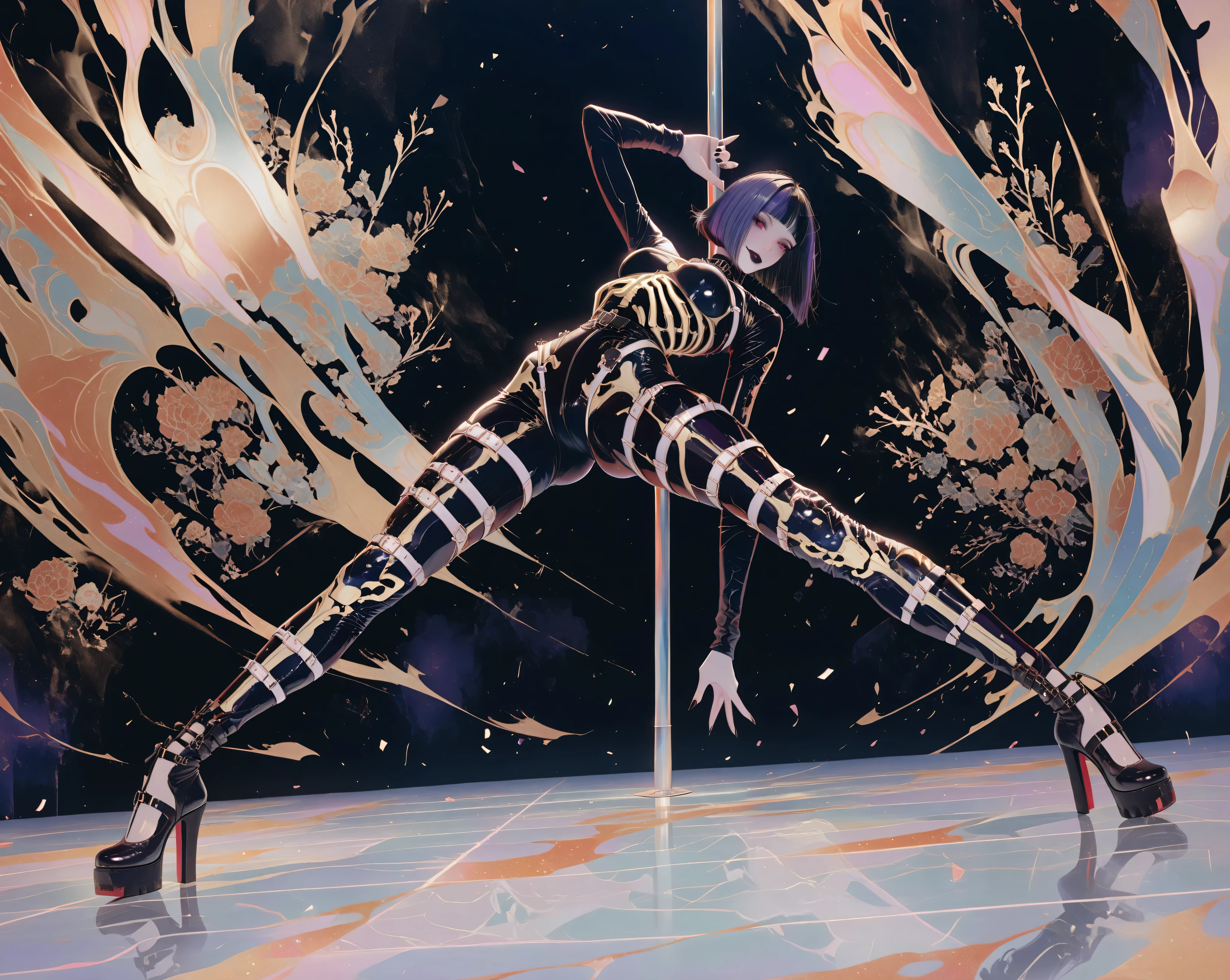 babe,miaomiao_liulifa,,Goth_EGirl,tall gothic woman, pale skin, sleek black bob haircut, wearing a tight, form-fitting skeleton bodysuit with detailed bone patterns, high heels, bold dark makeup, smoky eyes, black lipstick, confident and alluring expression, dynamic pole dance pose showing strength and elegance, atmospheric dark nightclub setting, moody colored lights (purple and blue), soft haze in the air, reflections on the floor, cinematic lighting emphasizing her silhouette and bone-pattern outfit, ultra detailed, 8k realism, gothic fashion meets pole dance