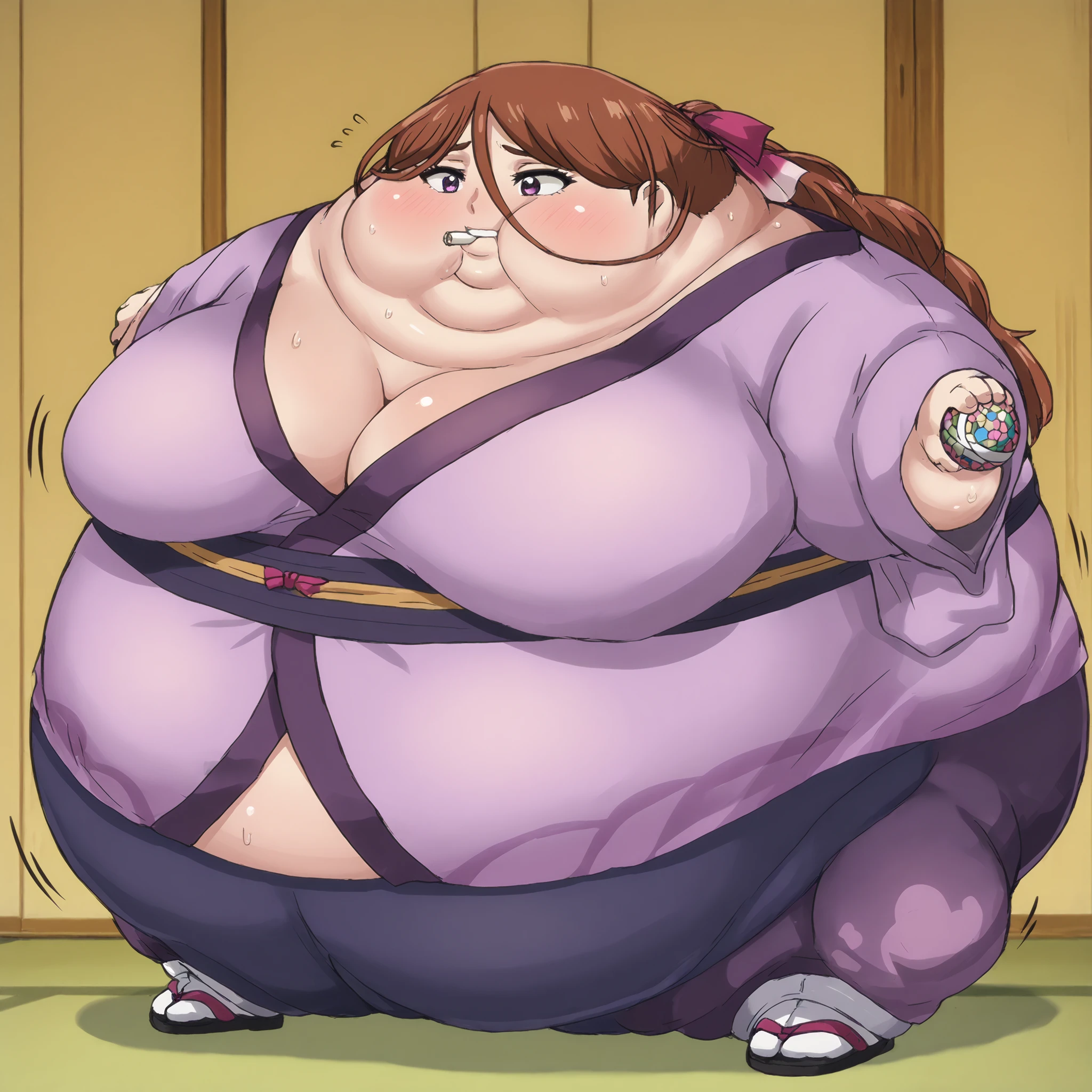 kenshinsatsuki, purple eyes, brown hair, hair between eyes, hair ribbon, long hair, ponytail BREAK
purple kimono, blue sweatpants, sandals, , fat, chubby, obese, gigantic arms and legs, large breasts, sweating, wet body, swollen face, Fat_neck , Fat head , eyes with crushed cheeks , nose with crushed cheeks , mouth with crushed cheeks , chin roll, sphere_tf
mini limbs
only head, sphere body, top view