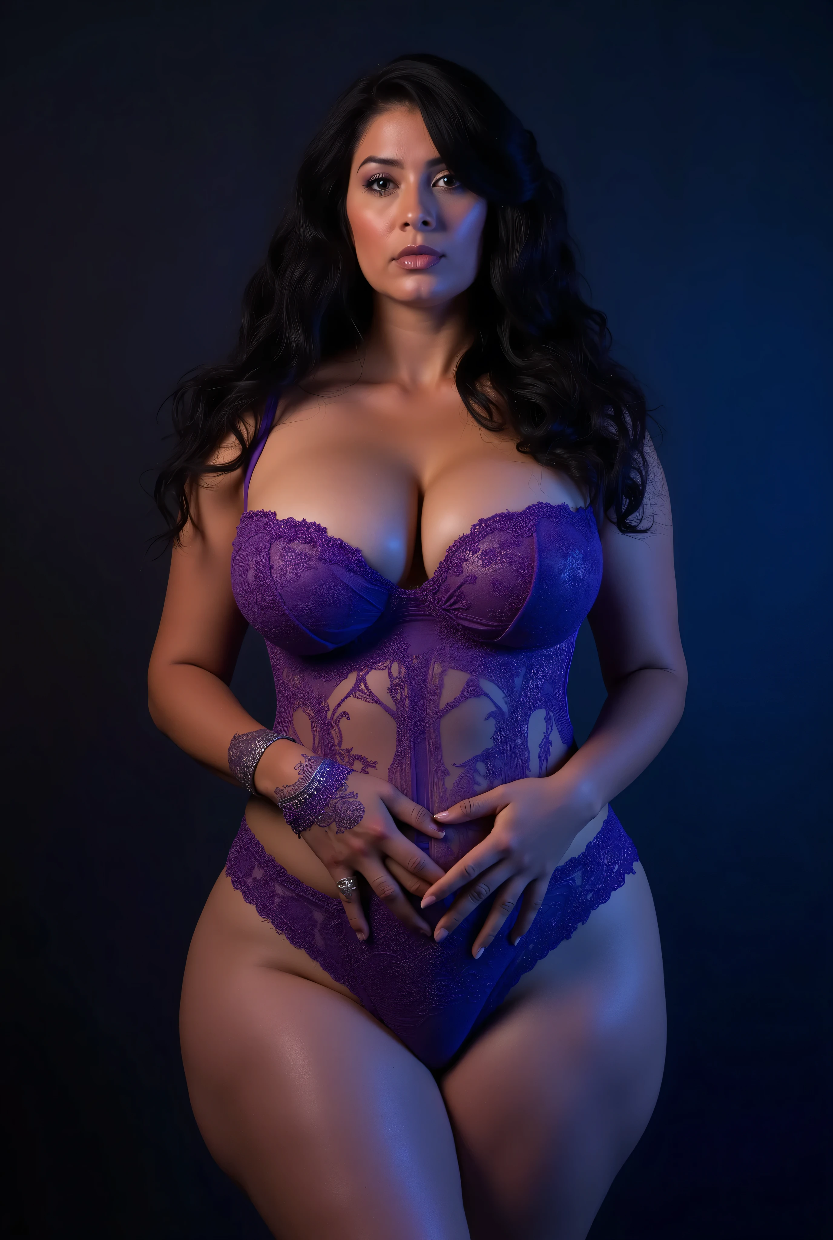 latina mature women, latina mom, black hair, pitch-black hair, super black hair, milky white skin, pale white skin, light with skin, super white skin, curvy thick bodyshape, milf, super sexy milf, hot milf, big breasts, massive breasts, huge breasts, thick thighs, fleshy plump body, VERY SLIM STOMATCH, FLAT ABS, purple and royal blue sexy lingerie outfit, purple and blue sexy lacy panties, sexy purple and royal blue floral lingerie bra, super tight, satin, rufle, lace, vintage jewelry, dark lighting mode, sweat, armpits crease, (((toned arms, tight muscle ))), gothic brocade motifs in light neon blue and neon purple color fusing, voluptuous, busty from side pose, erotic model for adult magazine, professional model, perfect anatomy body and face, LOOK AT THE CAMERA, Lace stocking with garter belt, purple and royal blue thigh high stockings, purple and royal blue lingerie stockings, purple and royal blue sexy stockings, BODY HARNESS CULT, super fine silky lingerie stitching, fine silky lingerie stitching, see through fine silky lingerie floral stitching,