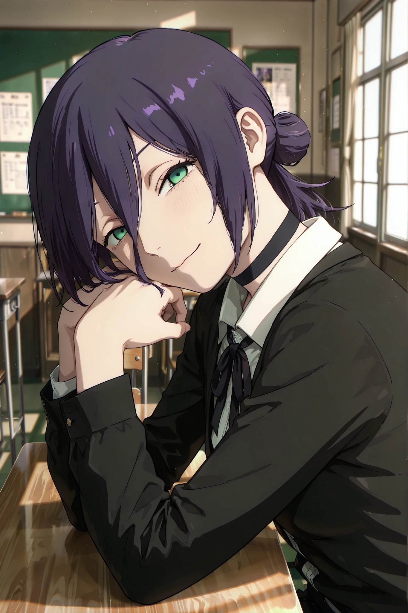 (masterpiece, detailed:1.2),reze, black choker, purple hair, choker, eyebrows hidden by hair, green eyes, hair between eyes, long bangs, medium hair, reze from chainsaw man, long bangs, medium hair,,school uniform, neck ribbon, smile. , sitting, side view, floating hair, head tilt, looking at viewer, arms on table, facing viewer, closed mouth