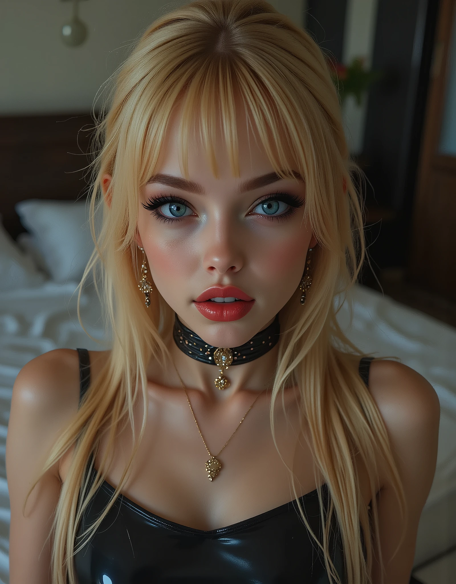 best quality, high detail, a cinamatic panavision 1960s style front photo of a busty 21 your old european girl , skinny slim hourglass figure, very long natural ginger full voluminous straightened ponytail , realistic blue eyes , eyeliner and red lipgloss ,opened glossy lips. mischievous smile , earrings , Black choker with gold heart , ultra tight shiny black skintight latex shortsleeve skaterdress with white collar , frim round fake breast , street photography, sitting with legs spread on bed alone,viewer, dynamic lighting, a masterpiece. intense sultry eye contact, dark winged eyeliner, reaslistic skin texture.photorrealistic. seductive glossy cherry red lips. dark glossy goth makeup. facing the viewer. looking with lust into the viewers eyes. horny face expression. firm fake round breasts. choker. sitting upright with legs spread on her bed, thigh gap, legs spread, worshipping her master, manspreading, hands behind back, hands not visible,feet obscured and not visible