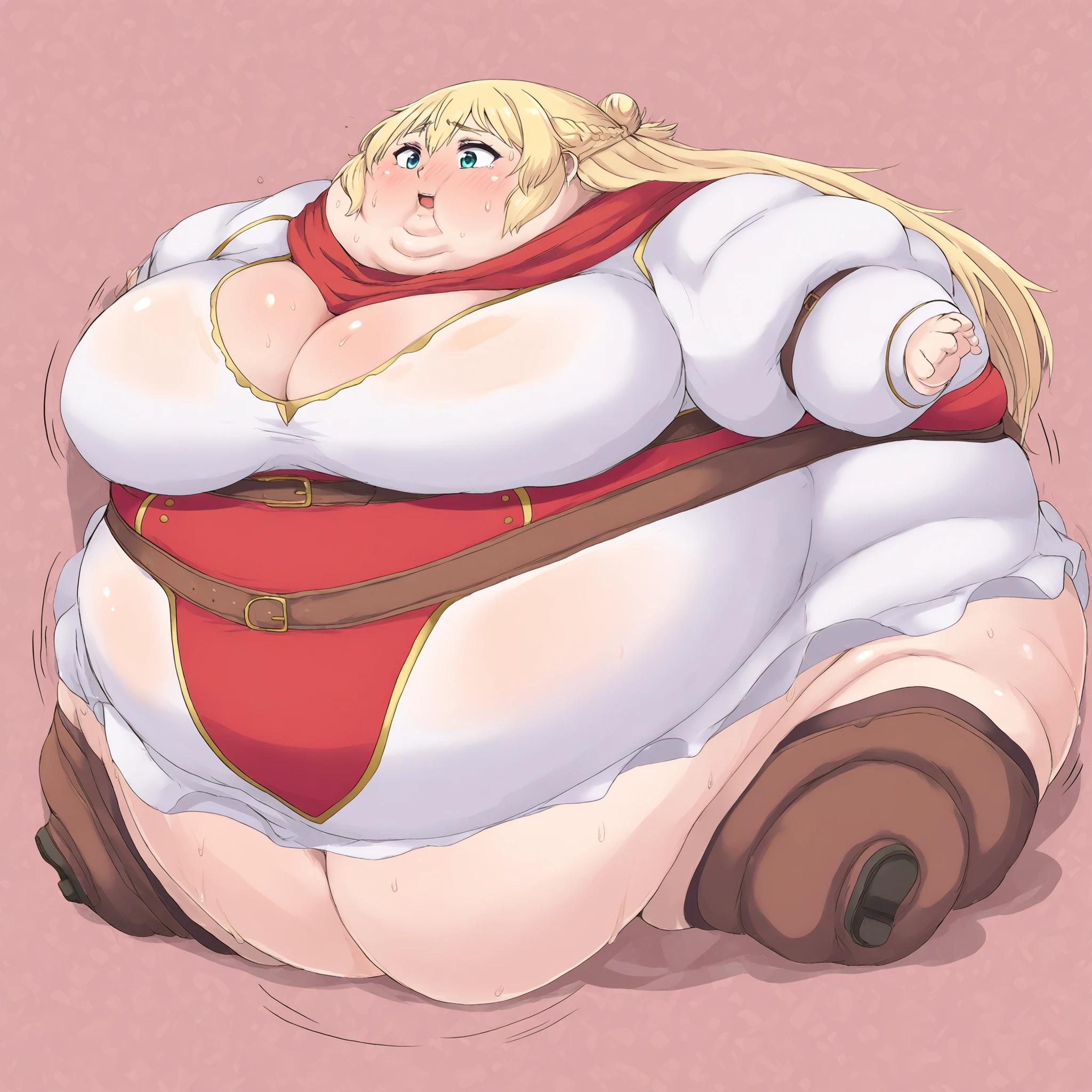 solo, 1girl, rittolbase, large breasts, blonde hair,
white dress, long hair, hair bun, french braid, red scarf, cleavage, juliet sleeves, long sleeves, red underbust, belt, brown thighhighs, ,  fat, chubby, obese, gigantic arms and legs, large breasts, sweating, wet body, swollen face, Fat_neck , Fat head , eyes with crushed cheeks , nose with crushed cheeks , mouth with crushed cheeks , chin roll, sphere_tf
mini limbs
only head, sphere body, top view 