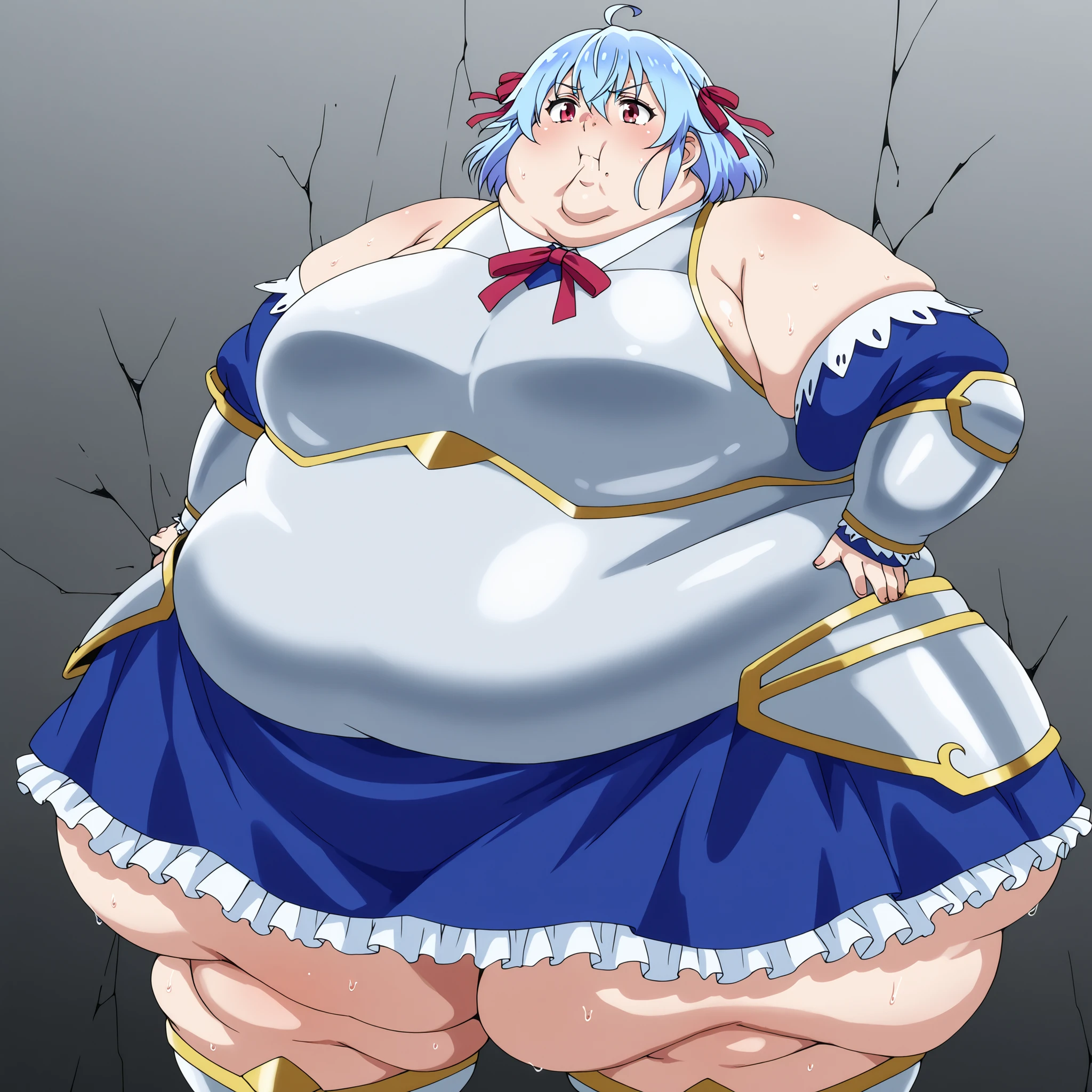 source_anime, ruti ragnason, short hair, red eyes, ribbon, blue hair, hair ribbon, ahoge,, dress, bare shoulders, detached sleeves, armor, breastplate, , fat, chubby, obese, gigantic arms and legs, large breasts, sweating, wet body, swollen face, Fat_neck , Fat head , eyes with crushed cheeks , nose with crushed cheeks , mouth with crushed cheeks , chin roll,
