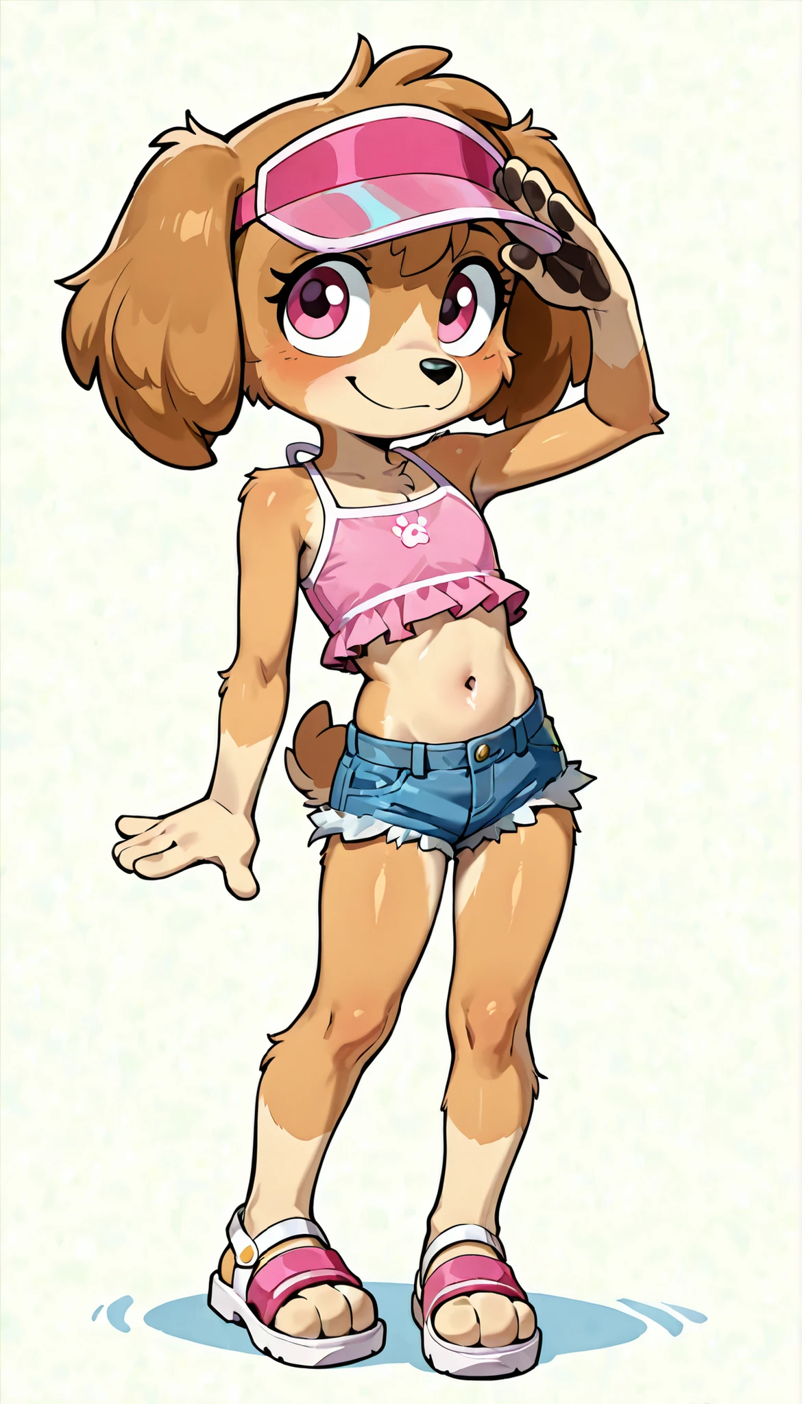 score_9, score_8_up, score_8, source_cartoon, source_furry, 1girl, solo, Skye(PP), dog, anthro, dog, furry, Cockapoo, pink eyes, golden-brown body fur, golden-brown hair, cute face, 4 fingers, ((pink visor cap, pink frilly tankini, midriff, denim shorts, sandals)), full body, feets with three toes, white background, simple background, confident face, skinny, short body, thin body, glistering body, shiny body, (very skinny:1.0), (Small, Short:1.1), (young cub:1.2), looking at you, standing, salute with one hand,