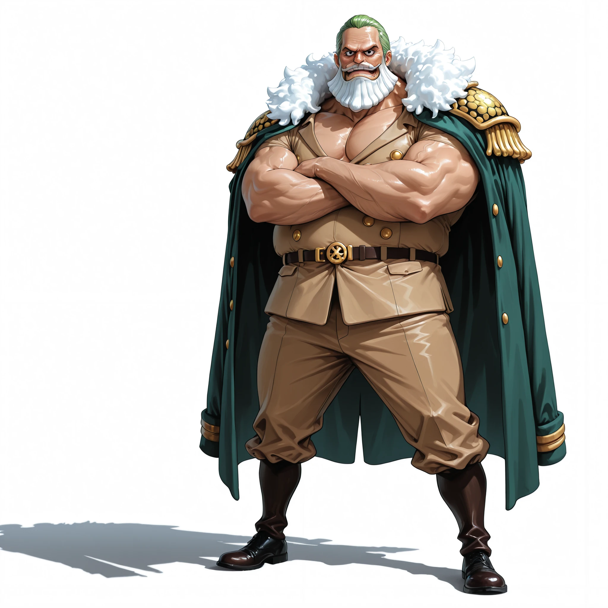 (male), (old man), (giant body), (broad chest), (big muscular), (long legs), (green short hair), (white beard), (black eyes), (solo), (single character), (full body version), (white background), (no background), (highly detailed), (shadow), (standing pose with arms crossed), (natural light), (detailed outfit), (detailed hand), (detailed face), (detailed hair)
Wearing a long black admiral coat with golden shoulder pads, decorated brown military suit with golden buttons, brown pants, black shoes, showing a powerful and commanding presence. (One piece style art), (beard, very fat body), (armor on hand and legs)