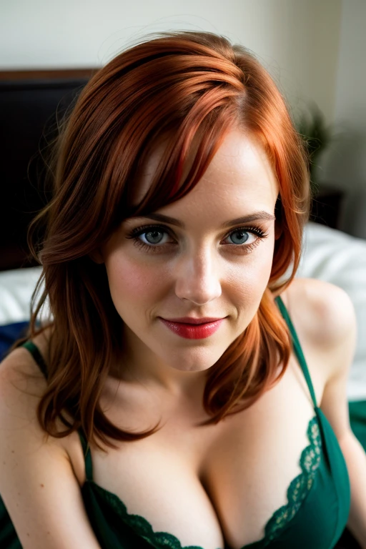 Masterpiece, (Bryce Dallas Howard: 0.5), sexy, playful smile, high detail face, high detail skin, red corset lingerie, (high detail eyes:1.3), short hair, orange hair, (small breasts:1.2), (strong athletic body), badroom ar nigth background, (UHD, 8K wallpaper, High resolution), Cinematic lighting, award-winning, extremely white detailed skin, extra detailed face, high detail eyes, photo-realistic, Zeiss 85 mm F/1.4, by Ellen von Unwerth
