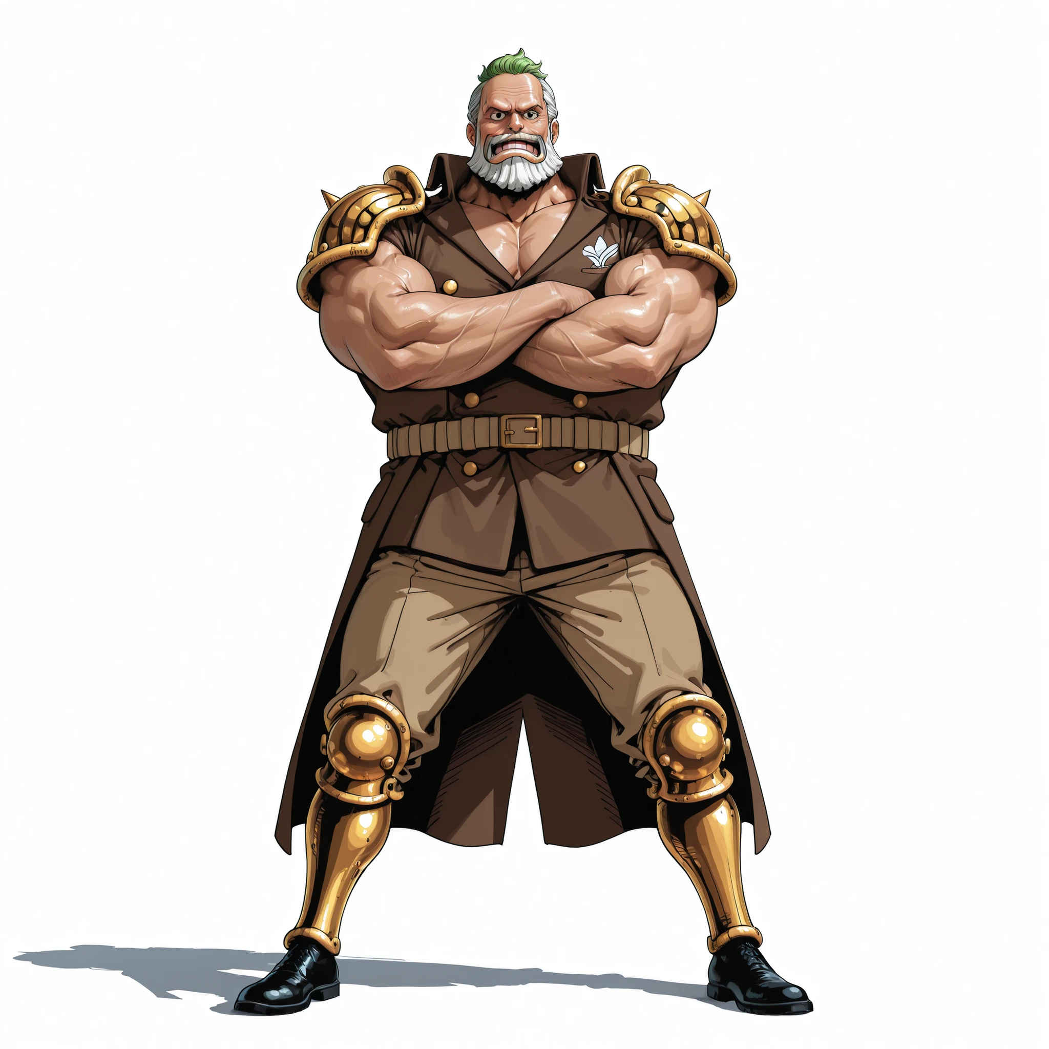 (male), (old man), (giant body), (broad chest), (big muscular), (long legs), (green short hair), (white beard), (black eyes), (solo), (single character), (full body version), (white background), (no background), (highly detailed), (shadow), (standing pose with arms crossed), (natural light), (detailed outfit), (detailed hand), (detailed face), (detailed hair)
Wearing a long black admiral coat with golden shoulder pads, decorated brown military suit with golden buttons, brown pants, black shoes, showing a powerful and commanding presence. (One piece style art), (beard, very fat body), (iron armor on hand and legs)