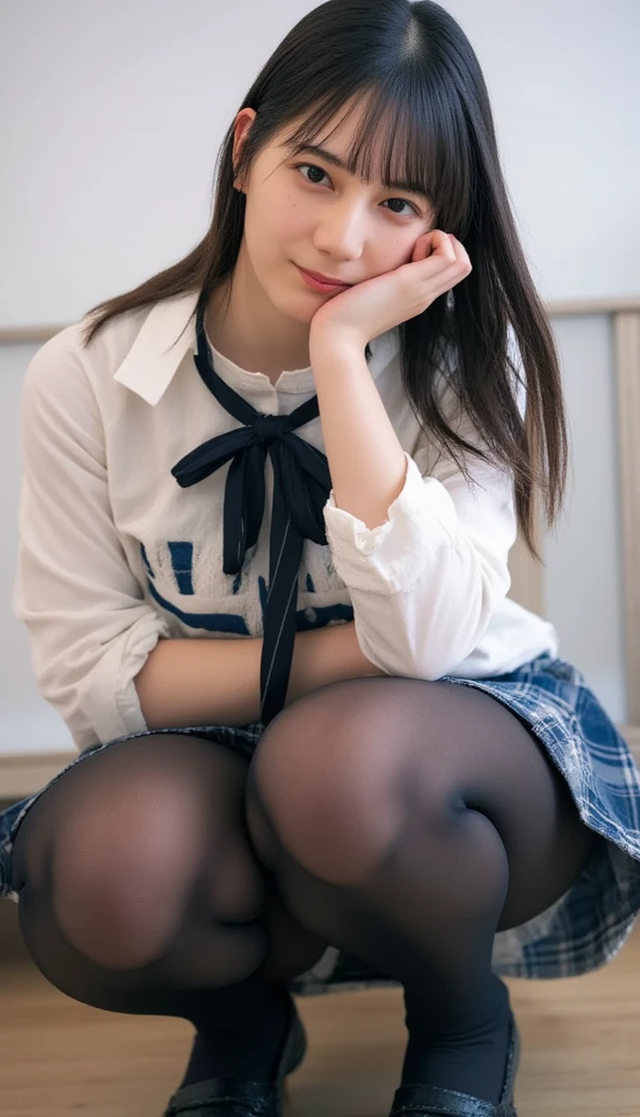 (looking at viewer:1.3),(big smile:1.3),(happy smile:1.3),(extremely beautiful face:1.3),(big eyes:1.3),(double eyelids:1.3),(very long silky hair:1.3),(long eyelashes:1.2), beautiful lips, beautiful eyes,(beautiful teeth:1.2),(white  are clearly visible:1.3),( :1.1),(realistic silk :1.2),(white :1.2),(detailed :1.3),(17 year old girl:1.2),32K,masterpiece, Raw photo, (detailed fingers:1.2),Best Quality, photorealistic, highly detailed CG Unity 32K wallpaper, intricate detailed face, (Ultra detailed skin:1.2) super idol, clear eyes, thick thighs, drooping eyes, ,pink checked skirt, Japanese school uniform, brown loafers, loose socks,