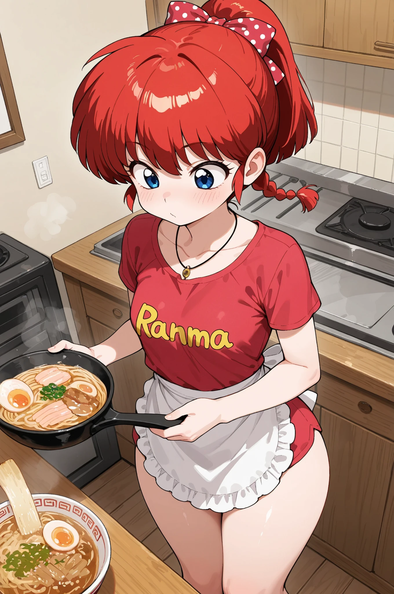 Ranma Saotome. red hair. blue eyes. braid. small breasts. wide hips. necklace. black eyeliner. pink manicure. | apron, shirt, red bandana, short sleeves, waist apron, closed mouth, ramen print shirt, collarbone, standing, cooking, 1girl, solo, open mouth, blush, high ponytail, hair bow, bow, wood floor, indoors, masterpiece, best quality, ramen. ramen shop