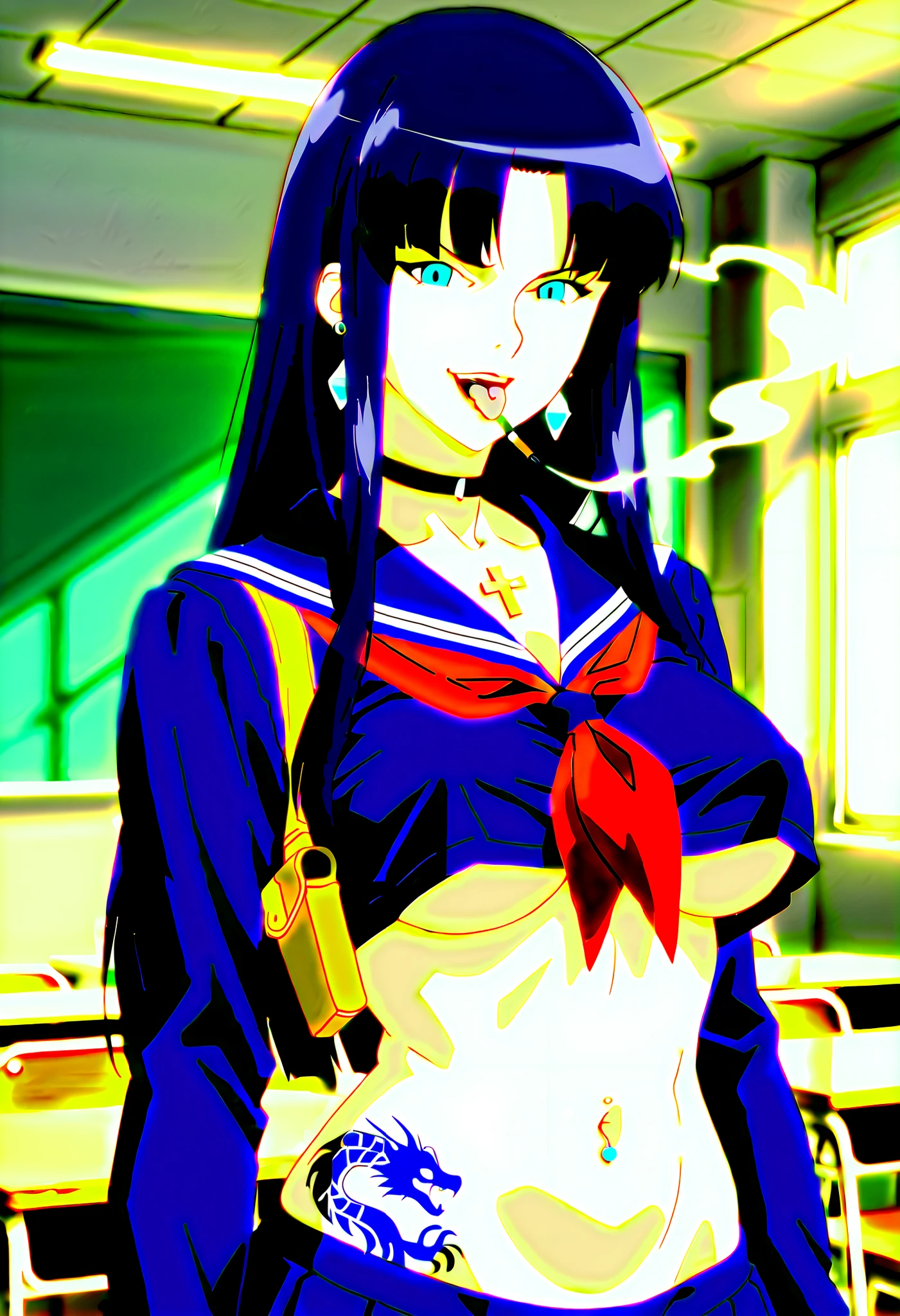 ,(1 girl),(solo), Hayama Reika \(Augmented Face\),Blue Eyes,dark haired,long hair at Boro-Yado,Queen,,1girl,  Lashes,  face, lips,  makeup, Colorful Hair, parted lips, red lips,  solo, straight hair, Evil Smile, Malicious Smile,  lipstick, nail polish, ear piercing, long hair, , lipstick, Hot girl, baddie, smoking, sensual, attractive ,choker, ,cross necklace, , tongue out, tongue piercing, open mouth, choker ,jewelry, earrings, masterpiece, best quality, highly detailed, a girls in sailor uniforms with a gun posing for a picture, evil smile, smile, open mouth,black_serafuku, () ,  style, high school girls, holding a gun, hold a gun, micro skirt, exposed belly, exposed navel, exposed midriff, holding pistol,underboob, exposed lower belly,school, classroom, navel piercing , shoulder holster, , medium   , looking at viewer , dragon tattoo on waist , narrowed eyes , tattoo on waist , anipai_style , anime screencap , anime coloring , v-shape eyebrows ,