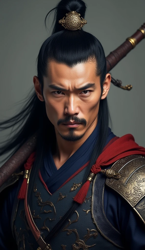 oriental、man in ancient chinese clothes、ancient chinese hairstyle man、three kingdom、multiple warlords、highest quality、masterpiece、ultra high resolution、(realistic:1.4)、game poster、Clear and beautiful image quality、Red clothes、long beard、embroidered cloth wrapped around the topknot、