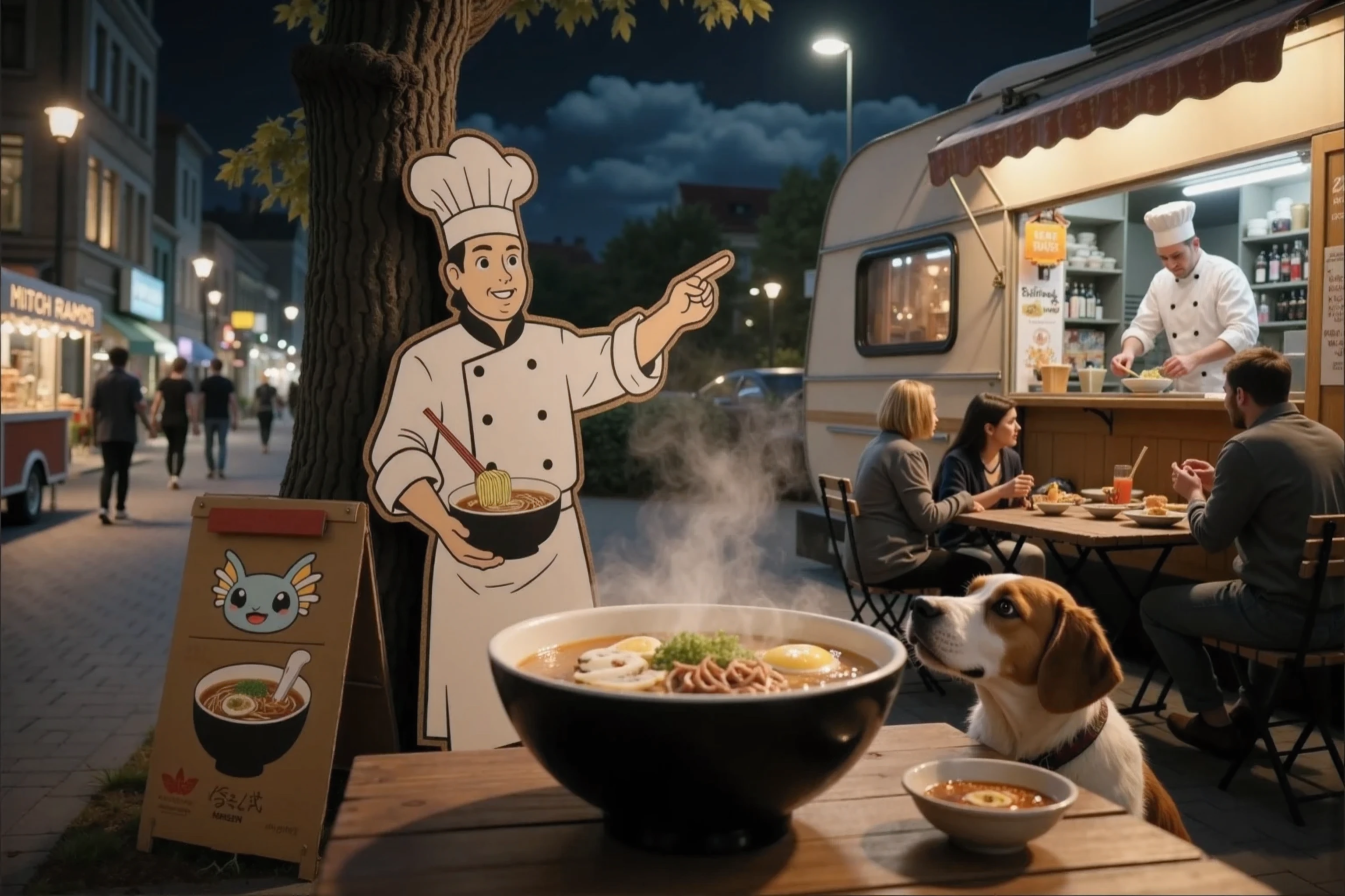 (hyperrealism:1.5), (concept photography), highest detail, best quality, ultra-detailed, Highest resolution 8K,  Cinematic emotional static shot, 8K UHD, extremely detailed, with physical visualization, masterpiece, HDR,
In the foreground, there is a smoking bowl of ramen on the table and next to him is another cardboard brochure with a blue axolotl painted on it with fins on its head and an inscription on top: "Fuli" ramen and ramen, and on the side the dog smells a bowl of ramen. Night. in the street lights.
On the right you can see 1 open shop, and behind the counter, a good Slavic chef prepares ramen for visitors. In front of him, people are sitting outside at a table eating ramen. On the left side of a beautiful urban night town, passers-by are walking at 1 shopping on wheels.
Next to the background A cardboard sign leaning against a tree in the shape of a chef with a picture of a ramen chef pointing his finger inviting you to visit the motorhome shop next to the right.
The night light gives soft shadows. The best clouds in the sky.
The night light gives soft shadows. The best clouds in the sky.