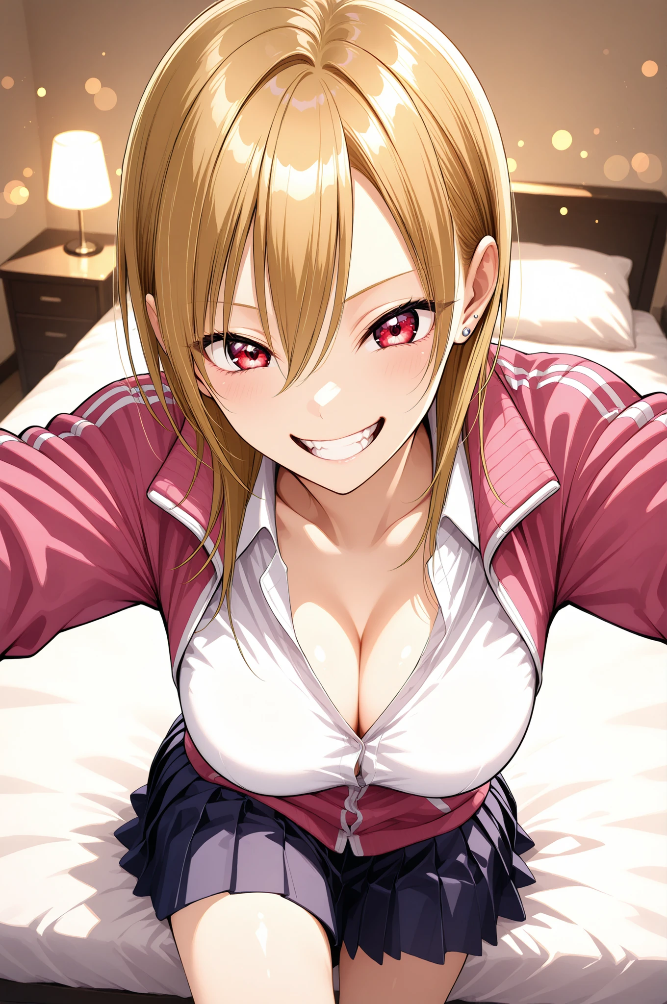 Anime Beautiful Girl, Laughter, showing teeth, beautiful skin, Slender Body, akutu_riko, red eyes, blonde hair, medium hair, hair between eyes, ear piercing, cleavage, pink track jacket, white shirt, collared shirt, pleated skirt, beautiful rainbow eyes , Cyberlighting, bedroom, lies down in bed:1.2, hands behind head, from above, EXQUISITE AND REALISTIC, soft lighting, Warm Colors, Beautiful bokeh, 4K rendering.