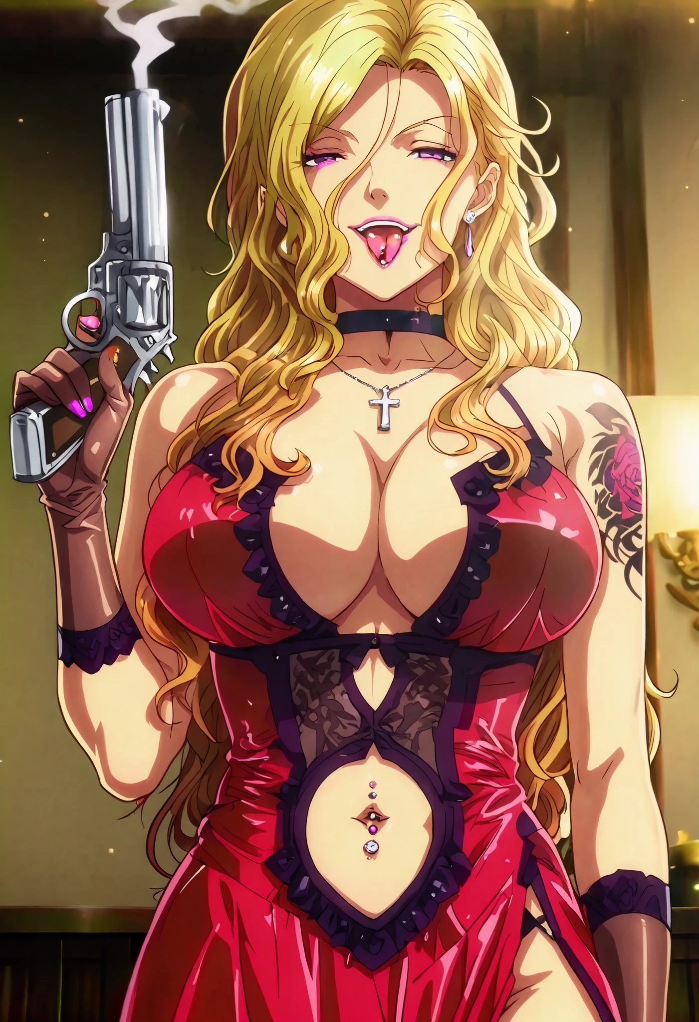 ((masterpiece)),(((best quality))),((ultra-detailed)),((illustration)),((disheveled hair)),((frills)),(1 girl),(solo), Rui \( Okusama no Kaifuku Jutsu\), blonde hair, long hair, purple eyes, lips, lipstick, makeup,mature,sexy, evil smile,evil grin,mature,sexy,dominatrix, 1girl,,femdom,looking down,red dress,wedding dress,satin wedding dress,very long dress,brown gloves,satin gloves,no veil, masterpiece, best quality, highly detailed, a girls in long dress with navel cutout posing for a picture, evil smile, smile, open mouth, () , revealing dress, beautiful dress center opening , long dress with bellybutton showing, official artwork, exposed navel, exposed bellybutton, jewelry, earrings, complex detailed background, casino environment, fancy interior environment, rich interior, holding a gun, holding pistol, side slit , navel cutout, exposed navel, exposed bellybutton, Evil Smile, Malicious Smile, lipstick, nail polish, ear piercing, long hair, , lipstick, Hot girl, baddie, smoking, sensual, attractive ,choker, ,cross necklace,tongue out, tongue piercing, open mouth, choker ,jewelry, earrings, () , navel piercing, medium large , looking at viewer , dragon tattoo on waist , narrowed eyes , tattoo on waist , anipai_style , anime screencap , anime coloring , v-shape eyebrows ,