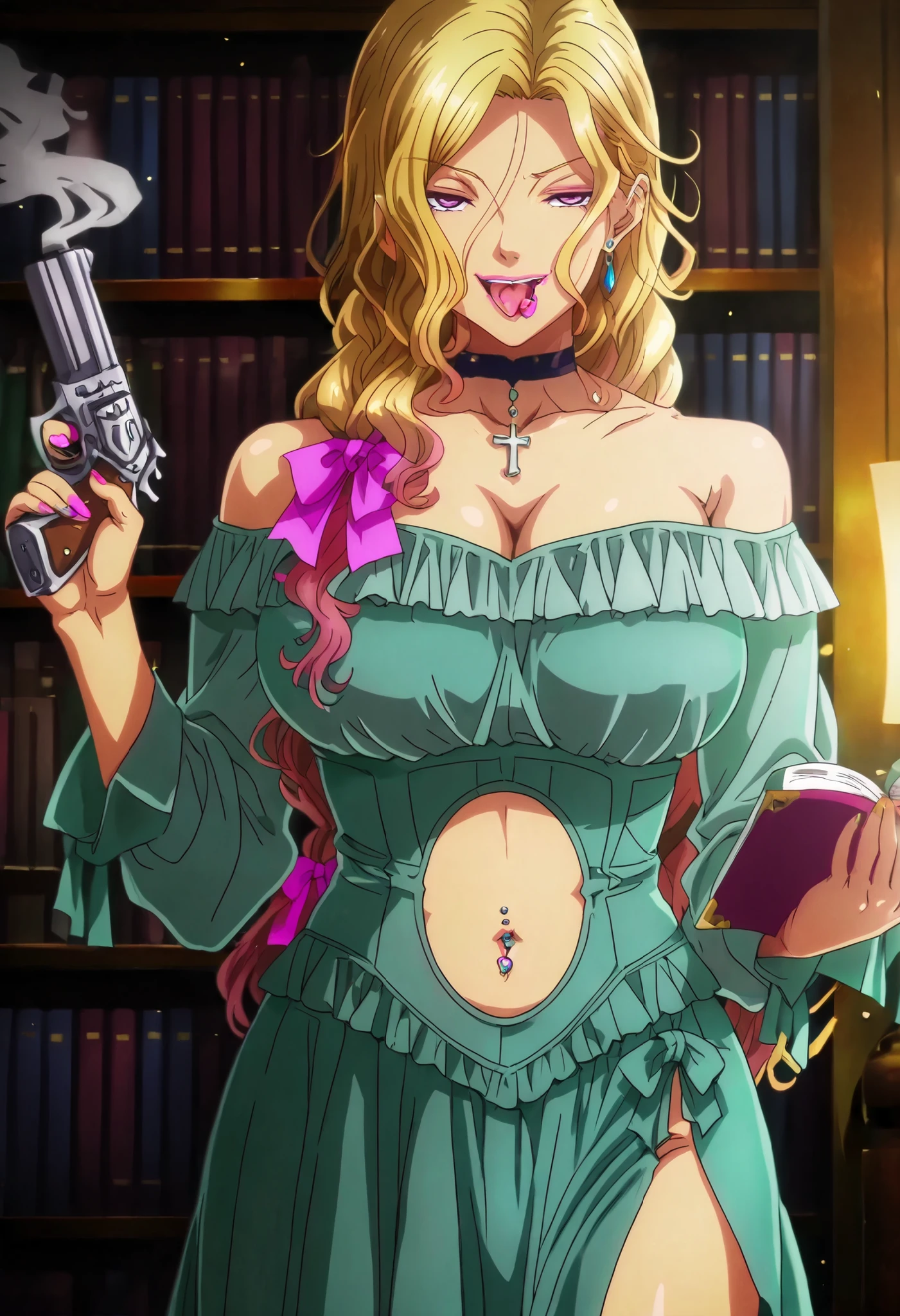 ((masterpiece)),(((best quality))),((ultra-detailed)),((illustration)),((disheveled hair)),((frills)),(1 girl),(solo), Rui \( Okusama no Kaifuku Jutsu\), blonde hair, long hair, purple eyes, lips, lipstick, makeup,mature,sexy, (anime coloring, anime screencap:1.2), 1girl,  shoulders, book, bookshelf, bow, braid, , choker, hair bow, indoors, , library, long sleeves, off shoulder, ribbon,green skirt, solo, masterpiece, best quality, highly detailed, a girls in long dress with navel cutout posing for a picture, evil smile, smile, open mouth, () , revealing dress, beautiful dress center opening , long dress with bellybutton showing, official artwork, exposed navel, exposed bellybutton, jewelry, earrings, complex detailed background, casino environment, fancy interior environment, rich interior, holding a gun, holding pistol, side slit , navel cutout, exposed navel, exposed bellybutton, Evil Smile, Malicious Smile, lipstick, nail polish, ear piercing, long hair, , lipstick, Hot girl, baddie, smoking, sensual, attractive ,choker, ,cross necklace,tongue out, tongue piercing, open mouth, choker ,jewelry, earrings, () , navel piercing, medium large  , looking at viewer , dragon tattoo on waist , narrowed eyes , tattoo on waist , anipai_style , anime screencap , anime coloring , v-shape eyebrows , 