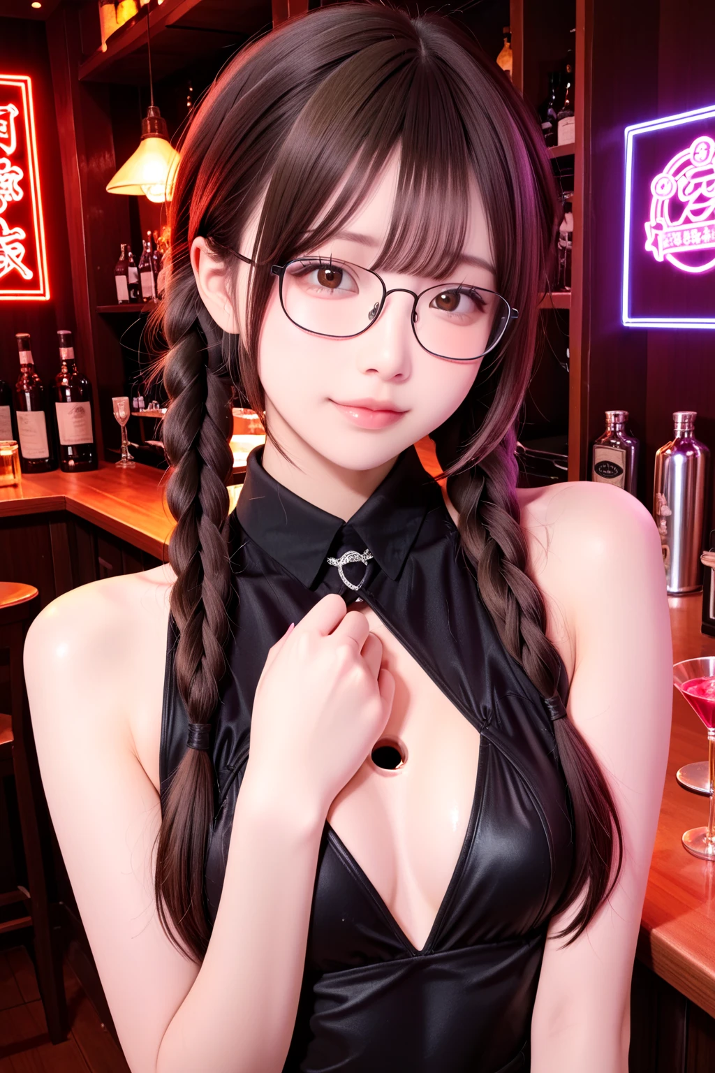 (8k, RAW photo, best quality, masterpiece:1.4),realistic,(lips closed),1girl, breasts, solo, cleavage, eyewear on head, large breasts, hair bun, black hair, looking at viewer, belt, single hair bun, pink footwear, hair ornament, pink background, drinking straw, , sunglasses, bangs, bag, lips, skirt, <lora:Asian girls face V2:0.75>