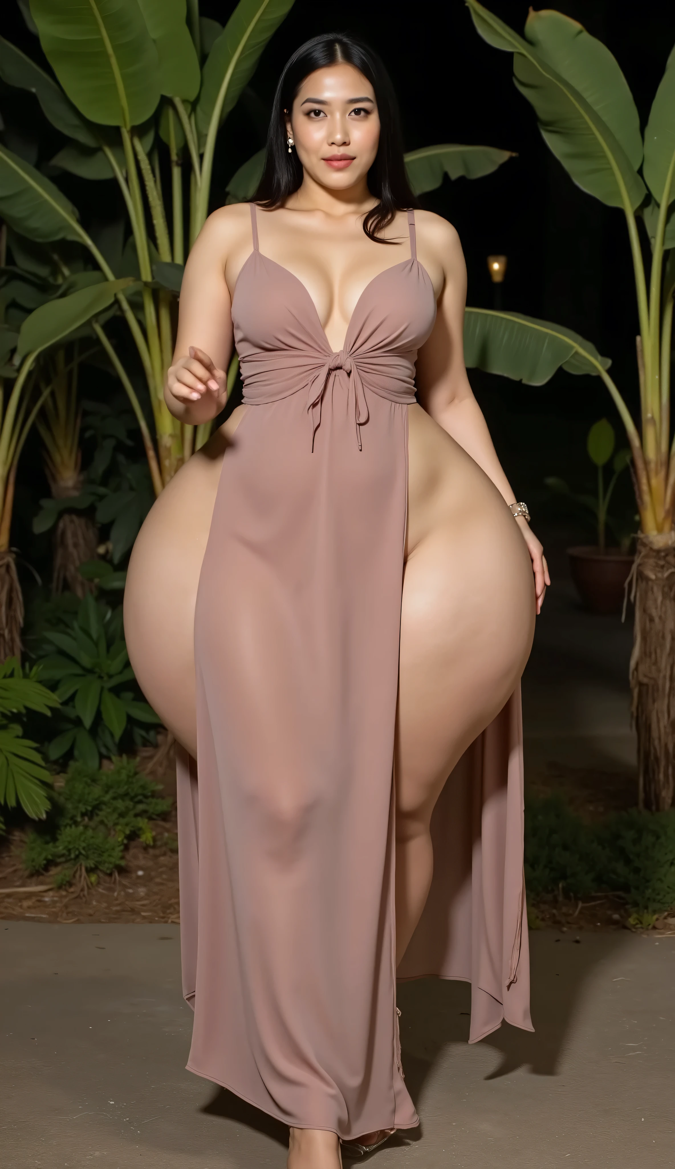 An Asian attractive mature woman with a provocative curvaceous body, is 60 years old and has a figure with prominent curves, a plump with perfect proportions curves, generous curves and plus-size, a body with an hourglass figure, her voluptuous wide hips harmonize with slender wasp waist, with wide legs and wide thighs well-shaped, and her butt in good shape, plump and shaped buttocks. She has characteristics typical of her age, slight wrinkles on her face and wear hijab, long hijab with an elegant style hijab style, has beautiful and fine facial features look at camera. She wear hijab and transparent glass heels. She is in a banana forest wilderness at night time, she is a bride for her young skinny son 20 years old. her young skinny son in a casual suit and black hair, He is next to her, look her face, he holds her with passion and places his hands close to her buttocks. they was captured is a modern hyperrealistic cinematic style, captured on a full body overview, with hyperrealistic details and good focus quality.