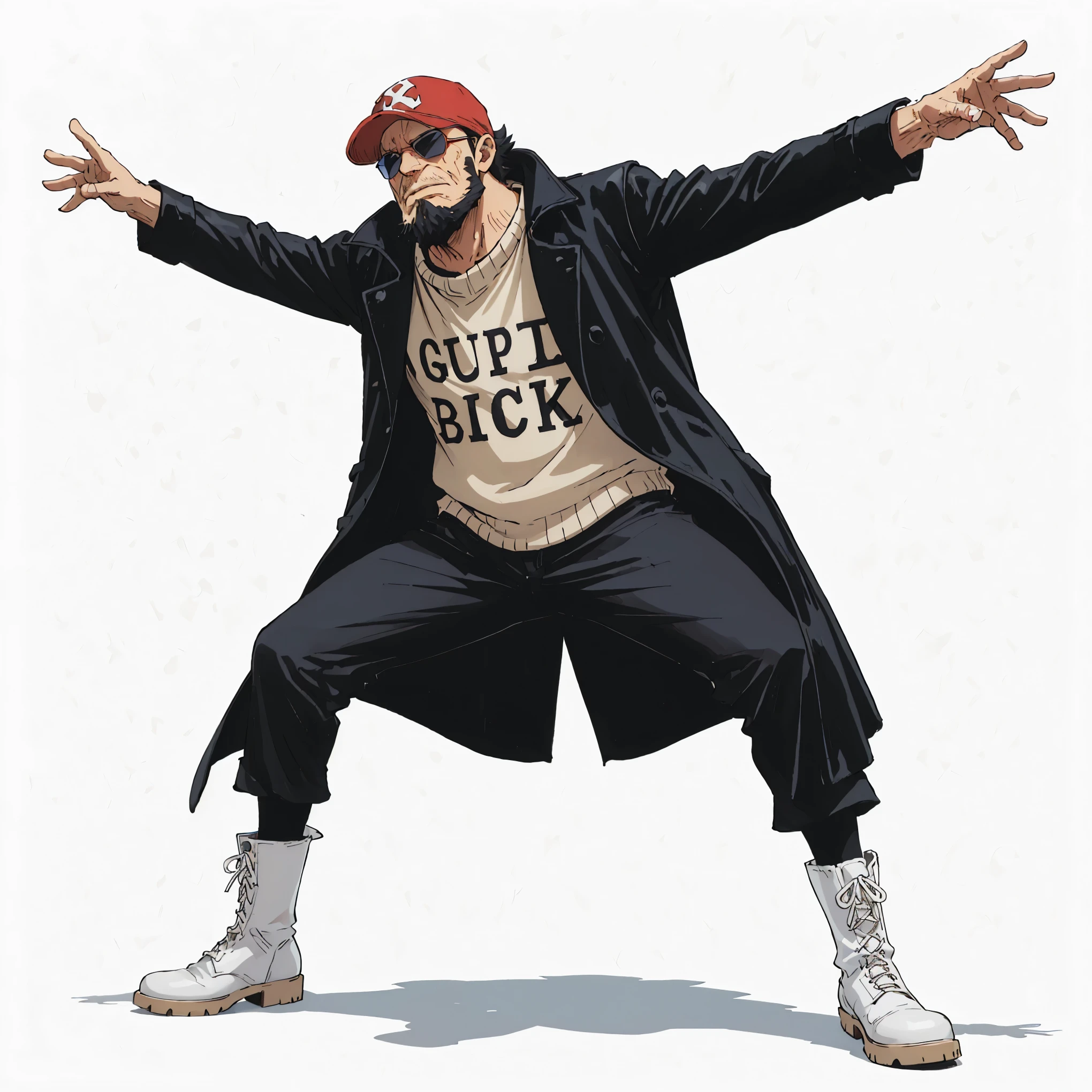 (male), (old man, long Chin beard), (short spiky black hair), (black eyes), (red baseball cap), (solo), (single character), (full body), (standing pose), (white background), (no background), (highly detailed), (shadow), (detailed outfit), (detailed hands), (detailed face), (detailed hair), round sunglasses
wearing a cream sweater, long black coat, dk blue trousers, white leather boots, (one piece style art)