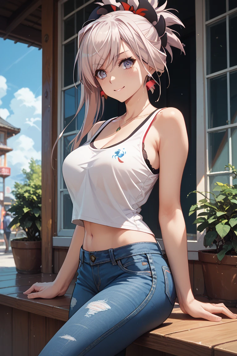 Masterpiece, high quality, 8k, ultra detail, ((kamisatoayakarnd)) standing, night,outdoors, (crop top), navel, (shorts), (off shoulders:1), choker, smile, armpit, (large ), ( arm)