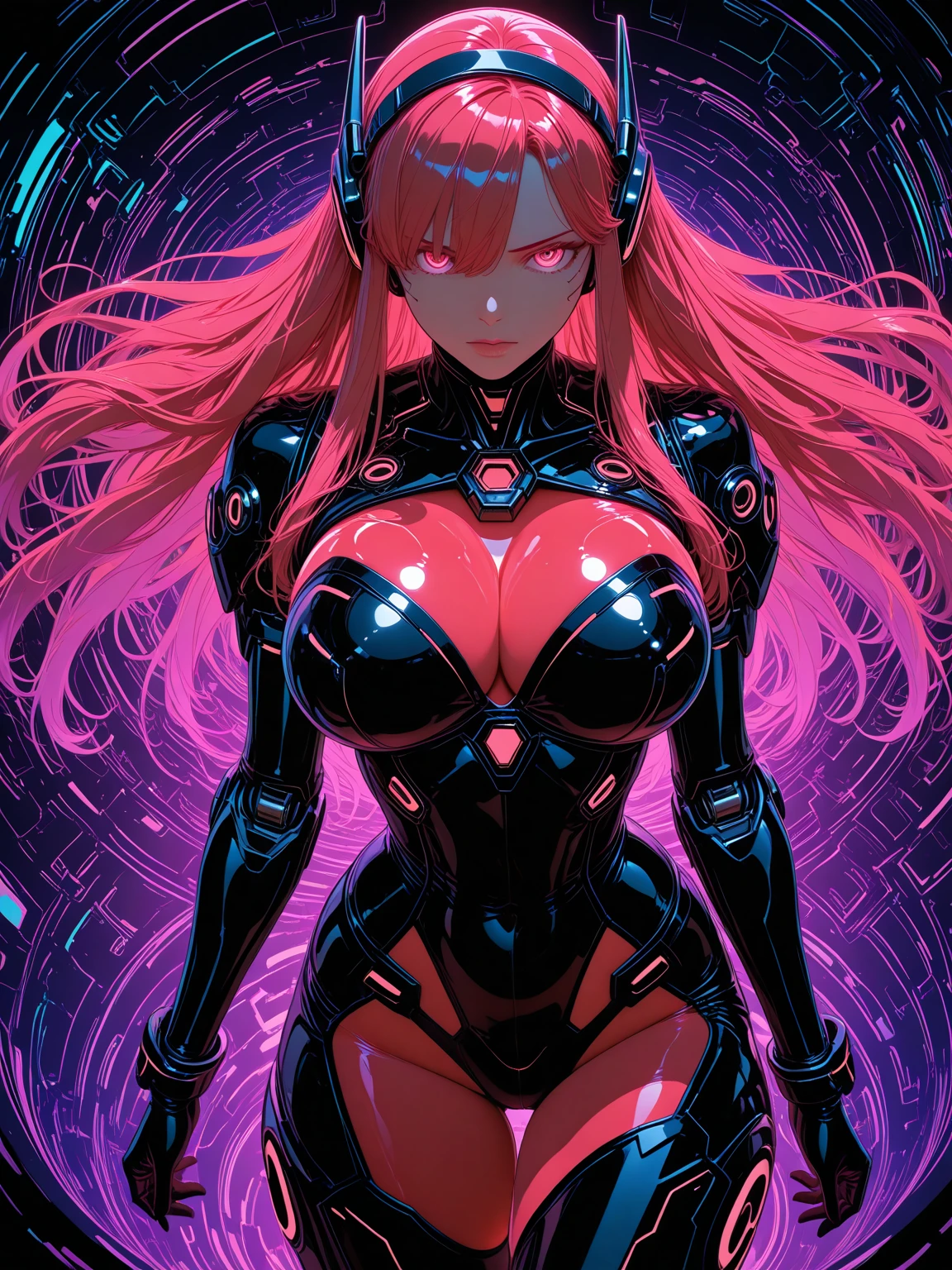 Realistic 8k.Picture only of the upper part,high resolution, Bright glare,1 woman, alone,blonde hair long hair, Mecha Musume, Orange Metallic-Titanium Machinery robot joint, single mechanical arm, Mechanical radius, ?????? body suit with many neon lights,A white ???????? has several neon bulbs.,Body armor ????? set with 4 large electric bulbs.,With colorful lights There was a bright purple light.(Very bright)Colorful beams of light shoot from the armor.,Light radiated from the armor.,,  city at night