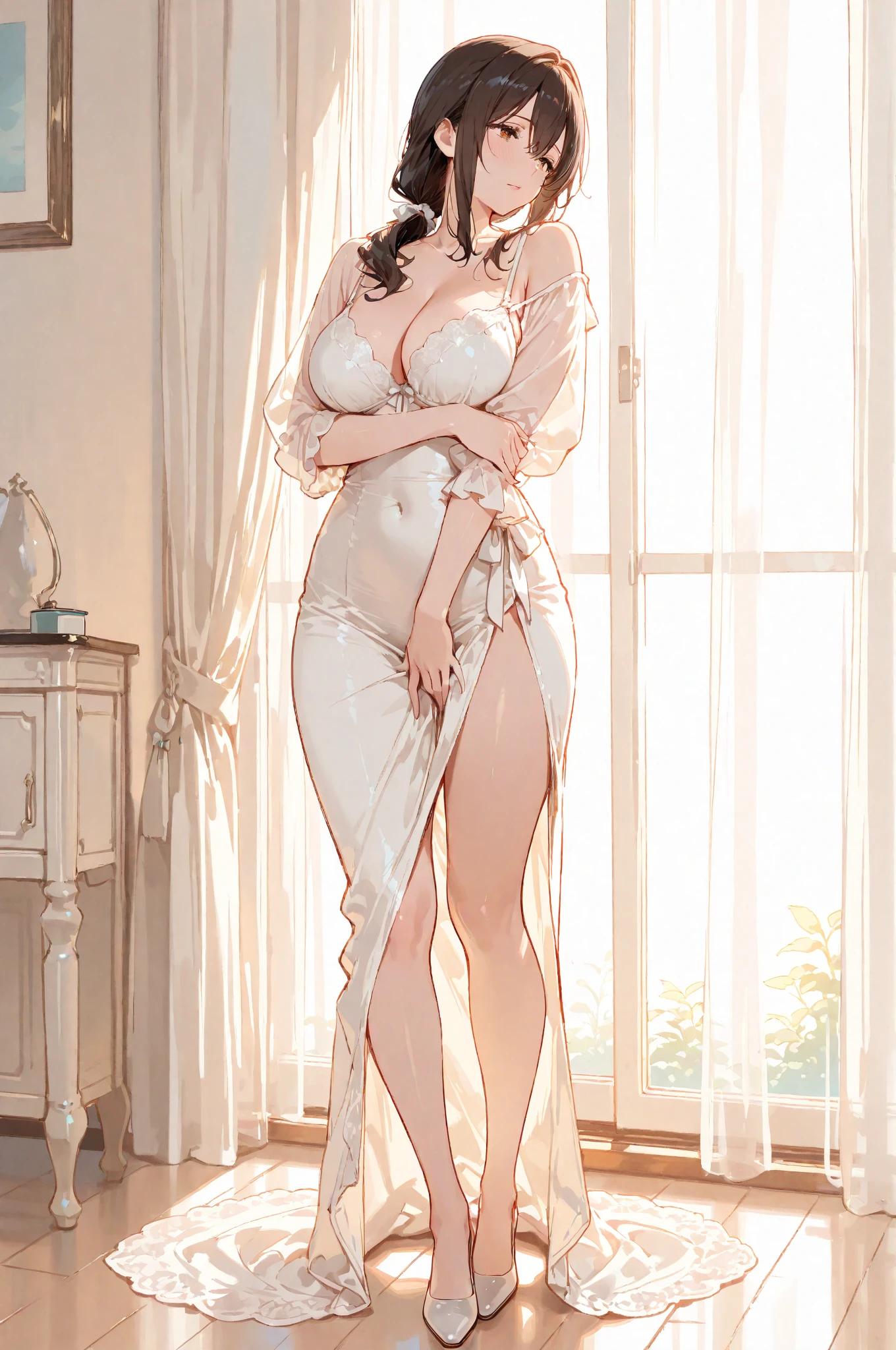 

(1 girl), (Masterpiece), (Best Quality), ((looking at the viewer)), ((whole body)),((in front of the viewer)), ((dress that highlights your figure)), ((by white)), ((good ))

An incredibly beautiful young woman with snow-white hair and deep blue eyes like sapphires looks gracefully out the window upon waking up.. Her figure is slim and elegant., adorned with a delicate, Exquisite white silk nightgown trimmed with lace that accentuates your perfect skin under the soft morning light. She holds a cup of tea gracefully., while the first rays of the sun illuminate his angelic face, reflecting an aura of serenity and tranquility.