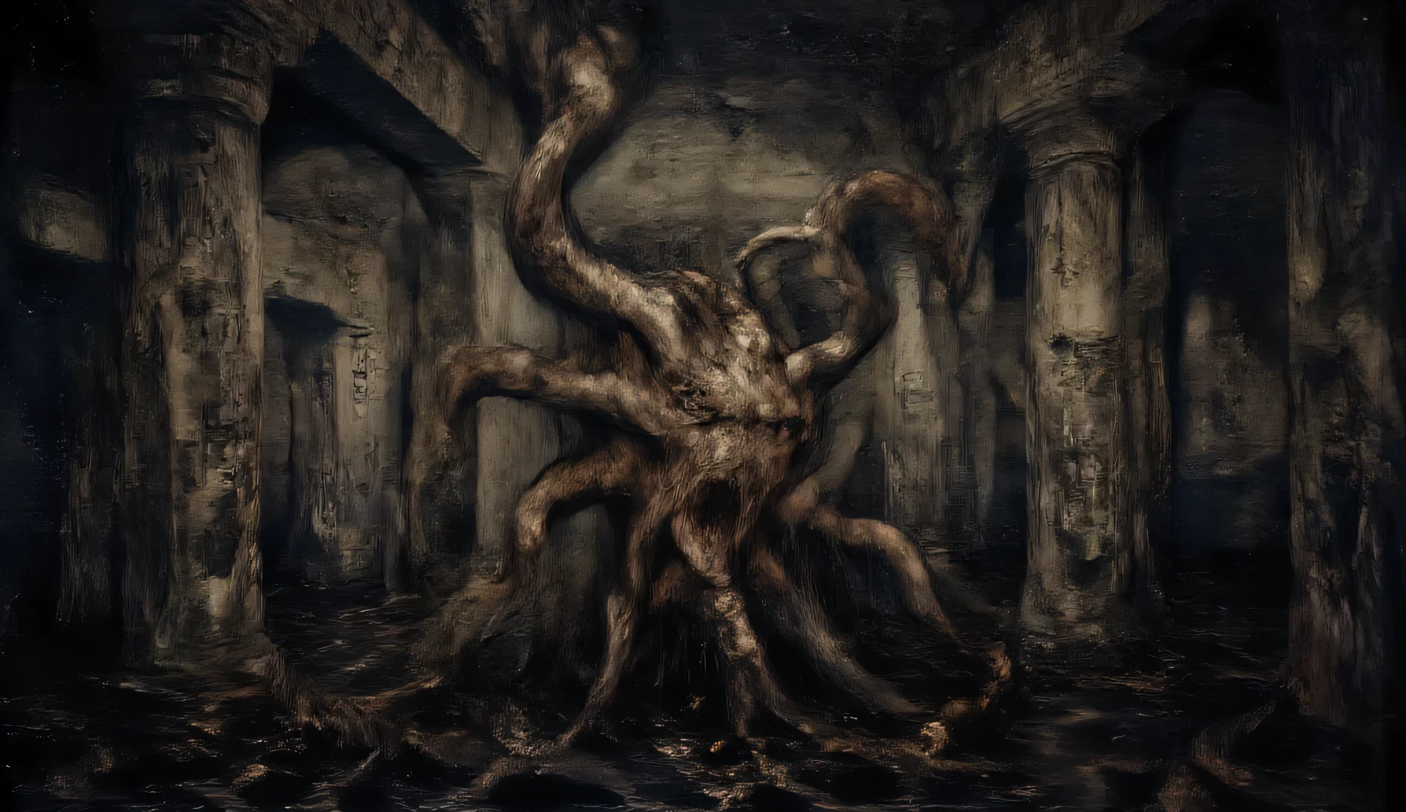 Eldritch horror manifesting as a pulsating mass of flesh-like tentacles bursting through the floor of a subterranean temple, carved stone pillars with otherworldly symbols, pools of black liquid reflecting impossible colors, mist curling around broken altars, sense of ancient malevolence, photorealistic textures, dramatic shadows, tilt-shift photography