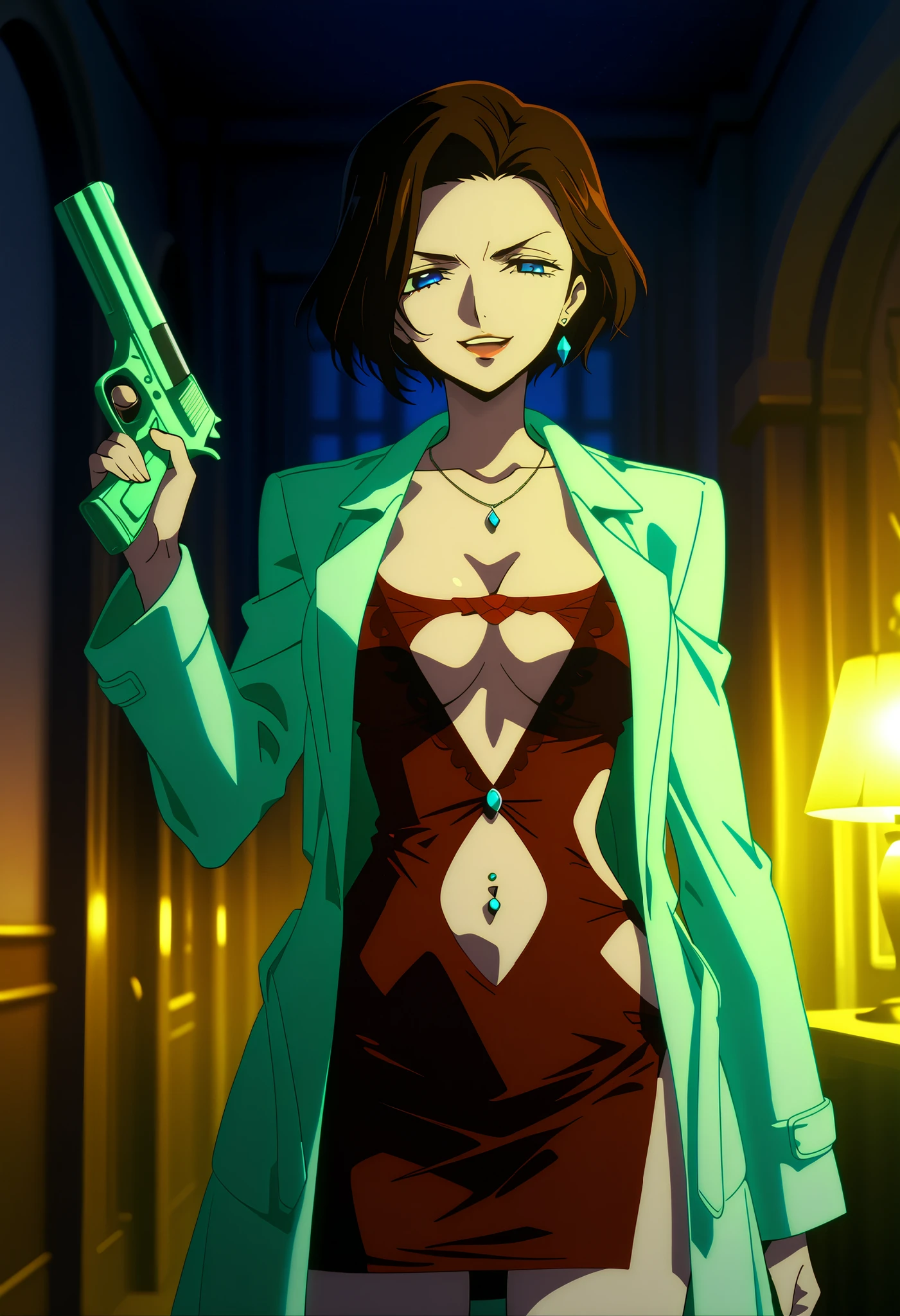 general,highres, ultra-detailed,very aesthetic,best quality ,best hands,best eyes,easynegative,
dynamic anglre,, anime cloring,anime screencap,
1girl solo,looking at viewer,
Sophie Landel,brown_hair, short_hair, blue_eyes, lipstick, earrings, ,labo coat, red dress, masterpiece, best quality, highly detailed, a girls in short dress with navel cutout posing for a picture, evil
smile, smile, open mouth, () , revealing dress, beautiful dress center opening ,
short dress with bellybutton showing, official artwork, exposed navel, exposed bellybutton, jewelry,
earrings, complex detailed background, casino environment, fancy
interior environment, rich interior, holding a gun, holding pistol, side slit ,
navel cutout, exposed navel, exposed bellybutton, navel piercing, european architecture, palace, large ,looking at viewer , dragon tattoo on waist, narrowed eyes, tattoo on waist, anipai_style , anime screencap , anime coloring, v-shape eyebrows,