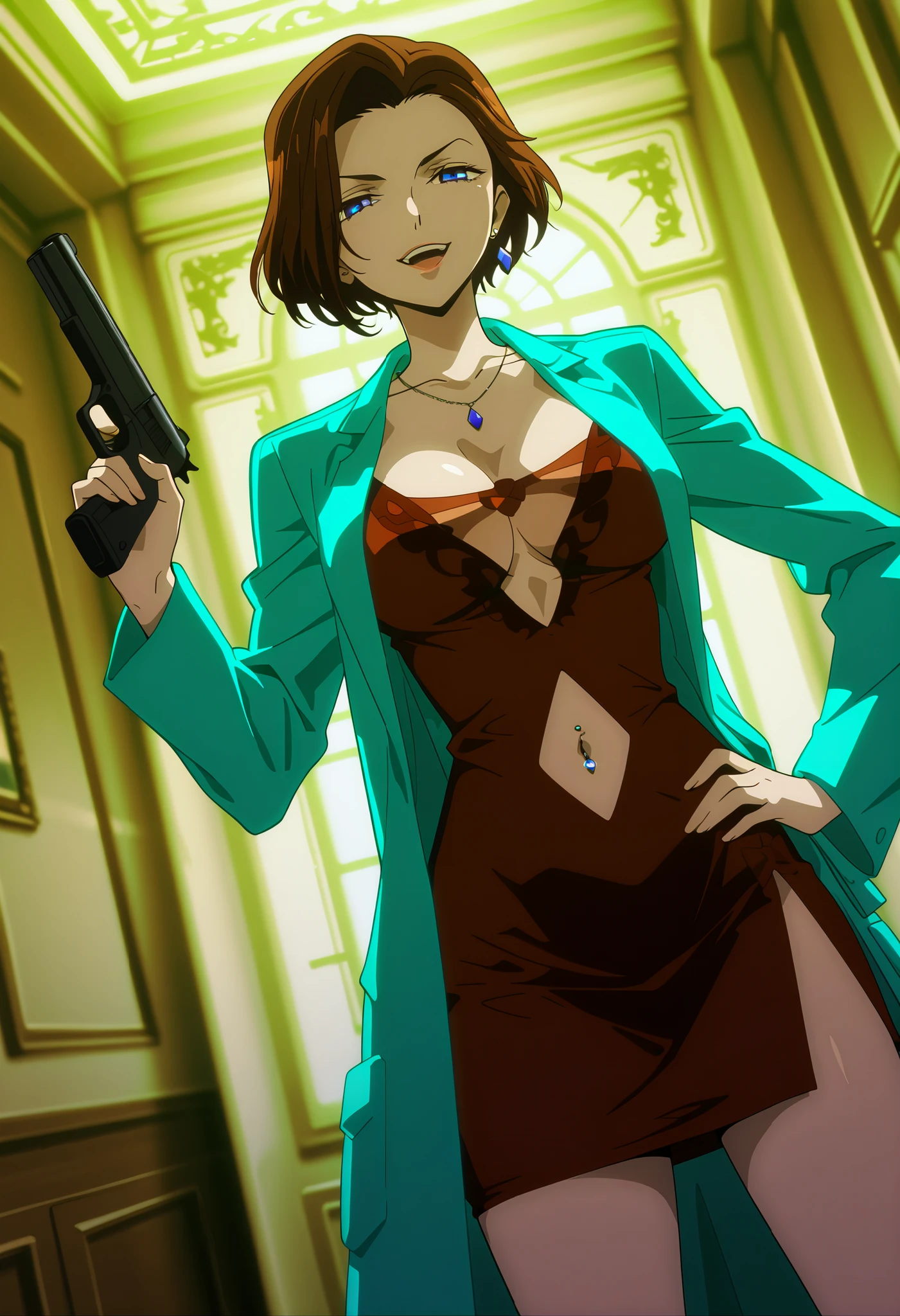 general,highres, ultra-detailed,very aesthetic,best quality ,best hands,best eyes,easynegative,
dynamic anglre, dutch angle, anime cloring,anime screencap,
1girl solo,looking at viewer,smile,indoors, hand on hip,
Sophie Landel,brown_hair, short_hair, blue_eyes, lipstick, earrings, ,labo coat, red dress, masterpiece, best quality, highly detailed, a girls in short dress with navel cutout posing for a picture, evil
smile, smile, open mouth, () , revealing dress, beautiful dress center opening ,
short dress with bellybutton showing, official artwork, exposed navel, exposed bellybutton, jewelry,
earrings, complex detailed background, casino environment, fancy
interior environment, rich interior, holding a gun, holding pistol, side slit ,
navel cutout, exposed navel, exposed bellybutton, navel piercing, european architecture, palace, medium large  ,looking at viewer , dragon tattoo on waist, narrowed eyes, tattoo on waist, anipai_style , anime screencap , anime coloring, v-shape eyebrows,