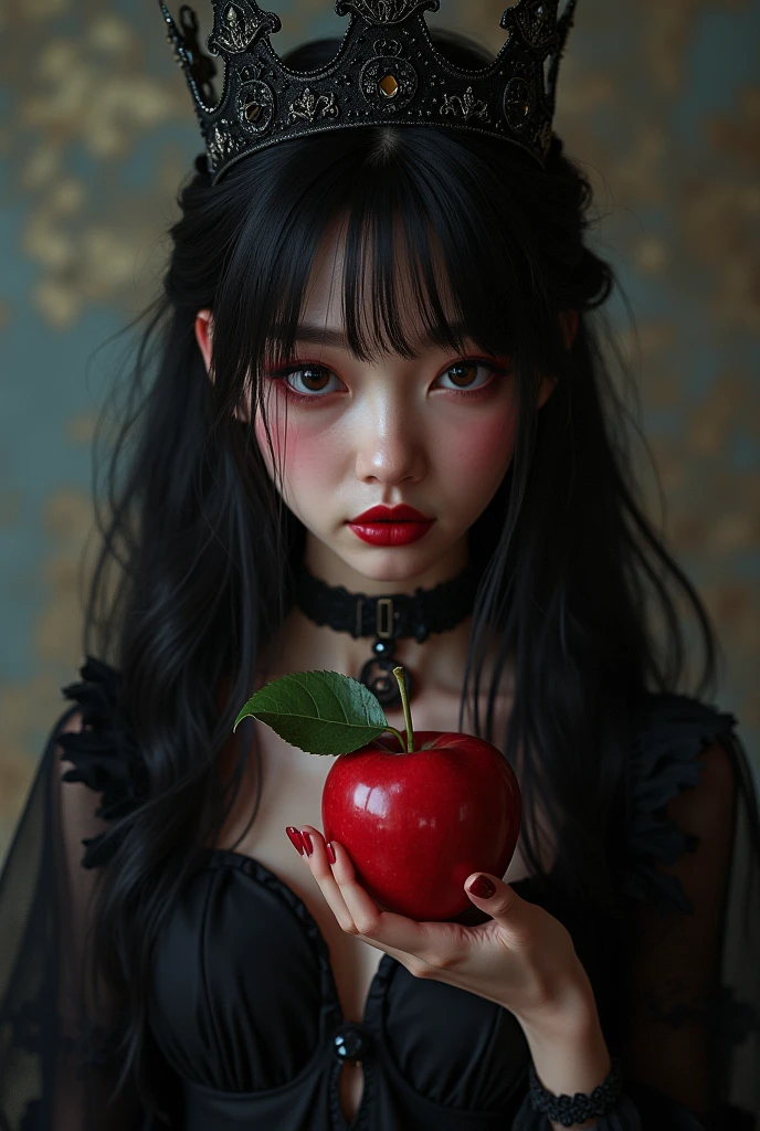 ((RAW photos)，Absurd，(Absurd分辨率))，masterpiece，Best quality，(Extremely Detailed 8k Unity CG Wallpaper)，(Most Best Illustration)，(best shadows)，Realistic lighting，beautiful and detailed brilliance，((21yo))，girl，longblackhair，Black Queen，accessories for girls，Hold an apple，Poison apples，Queen of Witches，red lipsticks，(((Her Photographic Perspective)))