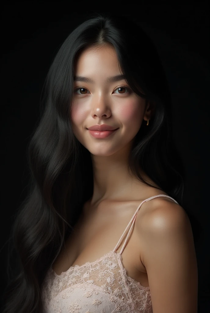 A Indonesian girl is depicted in a medium portrait shot, exuding a sense of shyness. Her eyes are watery, adding a touch of vulnerability to her expression. She is adorned in a modern, plain hijab that complements her pastel , suggesting a blend of modesty and contemporary style. The background is soft with light bokeh, enhancing the dreamy atmosphere. Glowing particles subtly surround her, contributing to the magical feel of the portrait. Her body is portrayed as proportional, balancing the overall composition