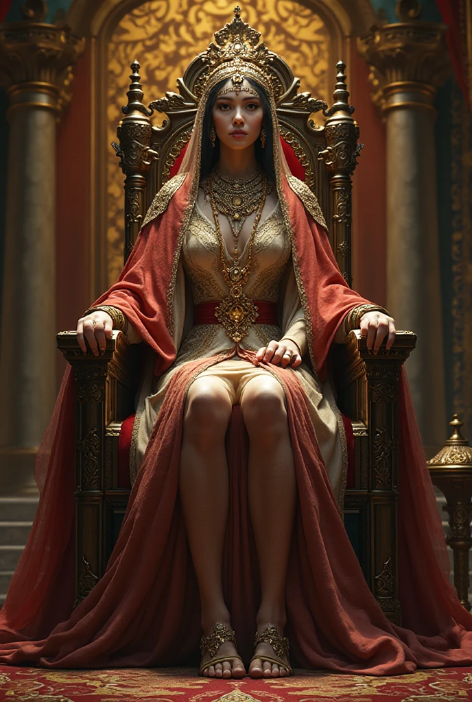 A muslim queen on a throne gets her feet worshipped by a man - SeaArt AI